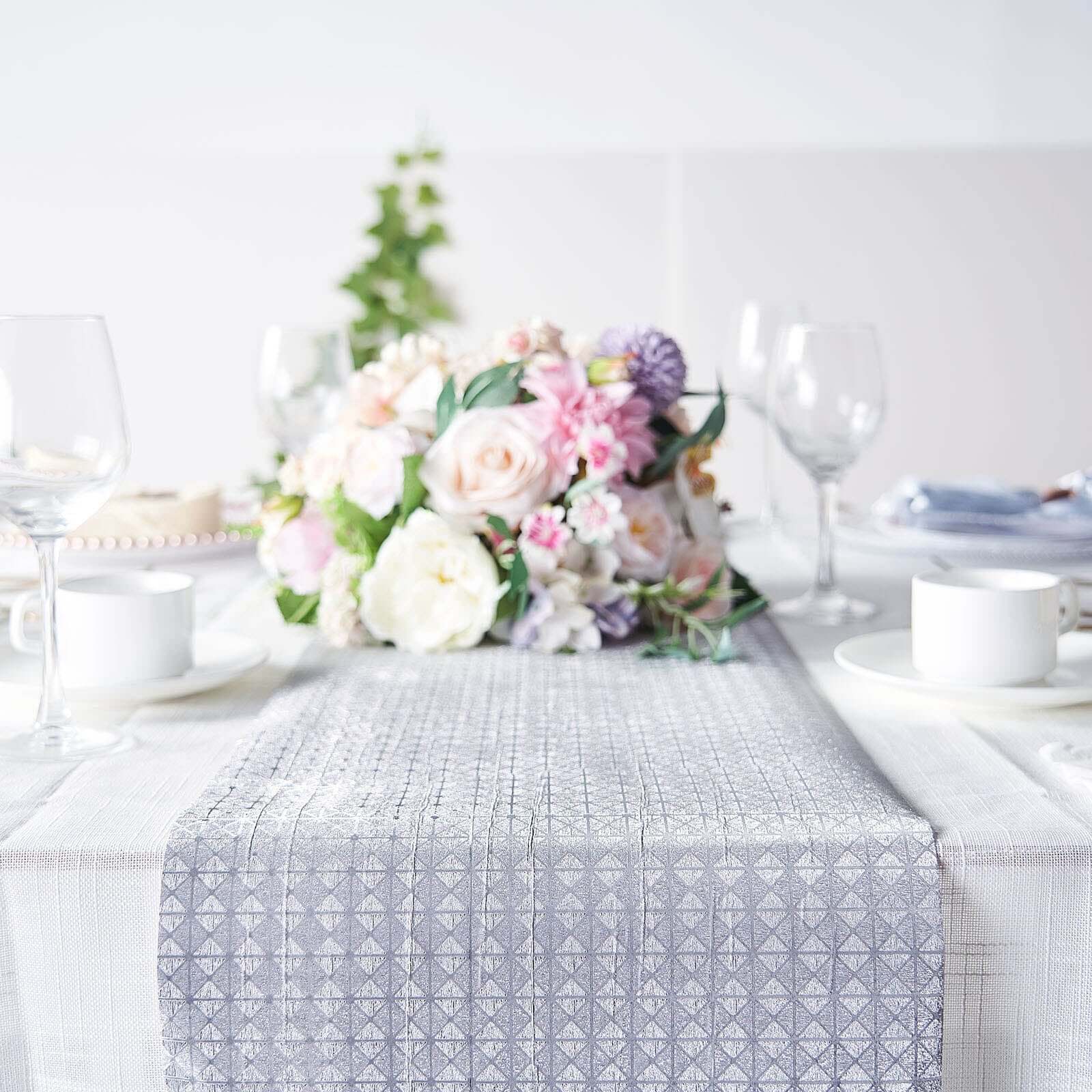 Glitter Paper 9ft Table Runner Roll Silver Disposable Geometric Diamond Pattern Table Decor