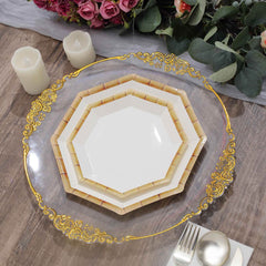 25-Pack Paper Octagonal Dessert Plates 7" White with Bamboo Print Rim - Disposable Geometric Appetizer Salad Plates for Garden Parties & Tropical Themed Events