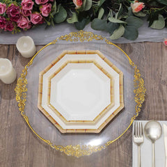 25-Pack Paper 9" Octagonal Dinner Plates in White with Bamboo Print Rim - Disposable Geometric Party Plates for Tropical & Beach Themed Celebrations