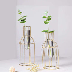 Set of 2 Wedding Centerpieces Gold Metal Frame Bottle Shaped Design - Geometric Glass Bud Vases 8",10"