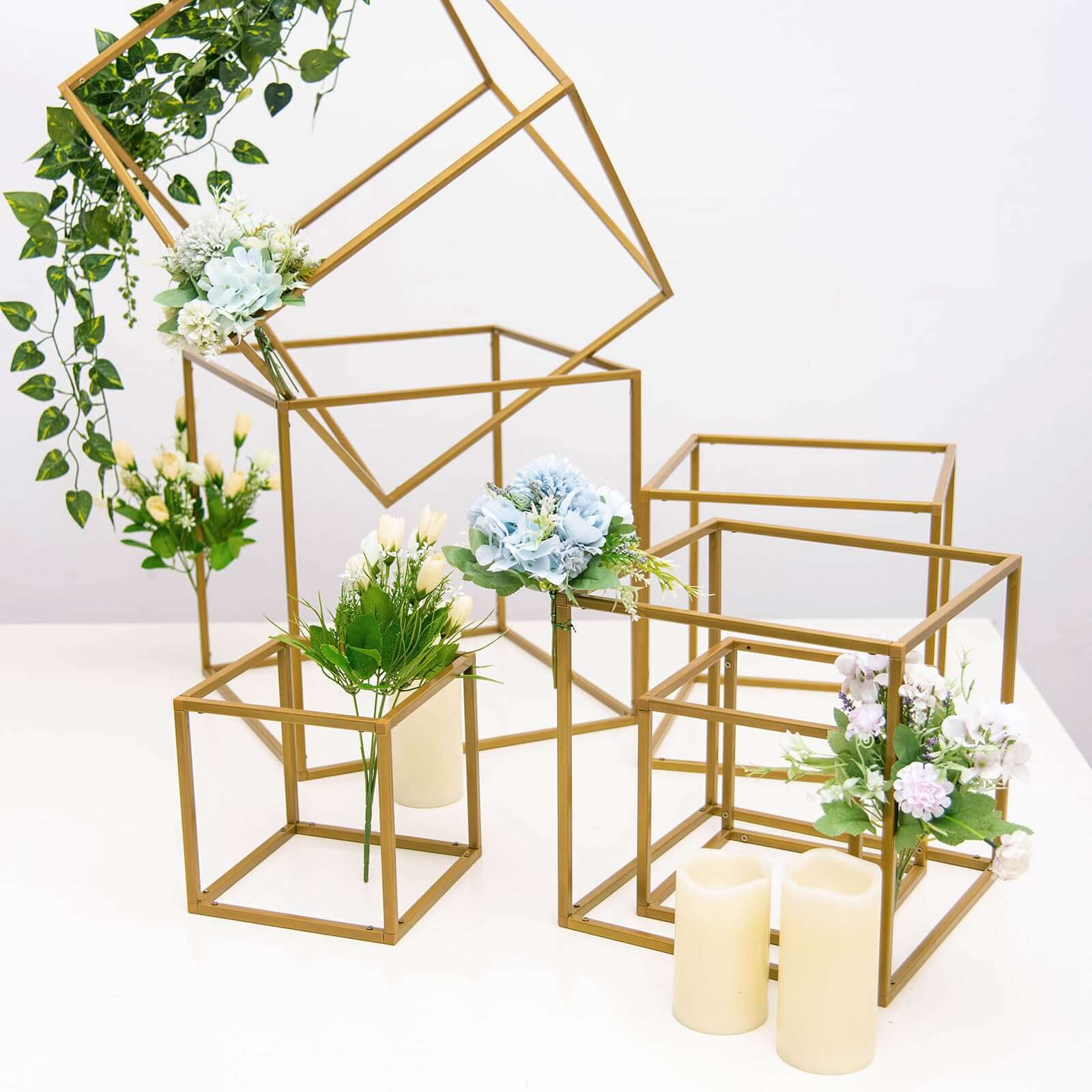 2 Pack 20" Square Gold Metal Frame Wedding Flower Stands, Geometric Centerpieces