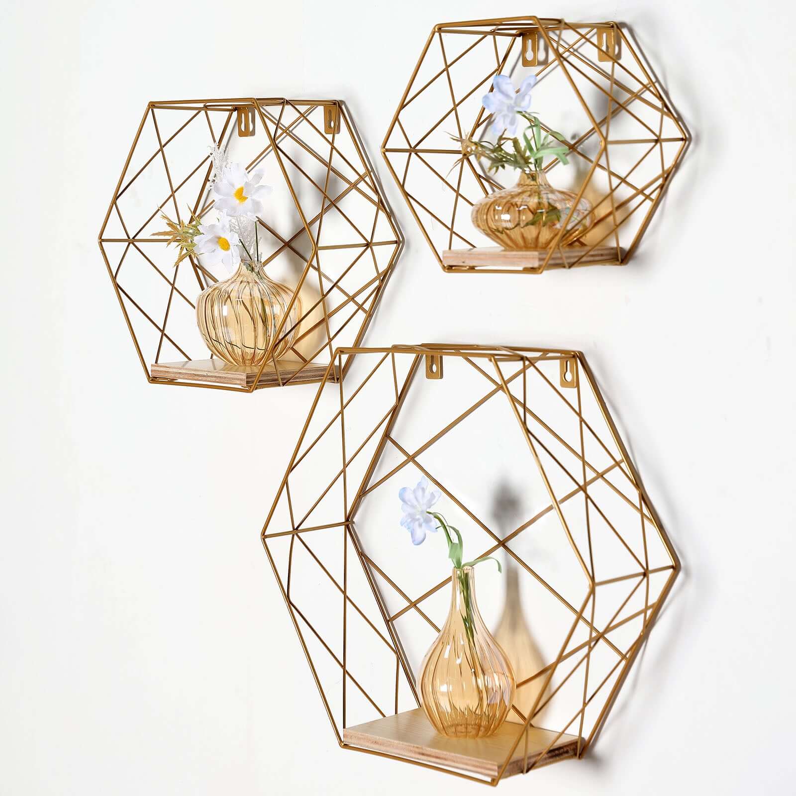 3 Pack Gold Hexagonal Floating Wall Shelves, Decorative Geometric Wall Mounted Shelves - 9",12",14"