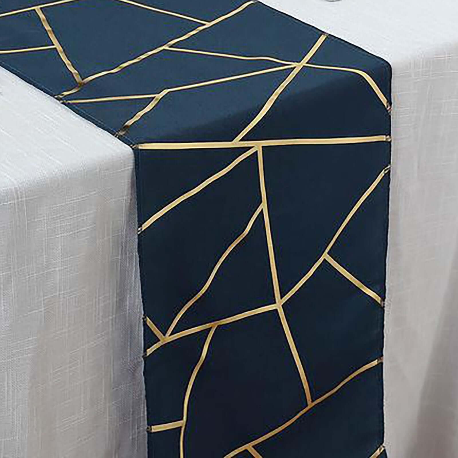 Polyester 9ft Table Runner Navy Blue with Gold Foil Modern Geometric Accent