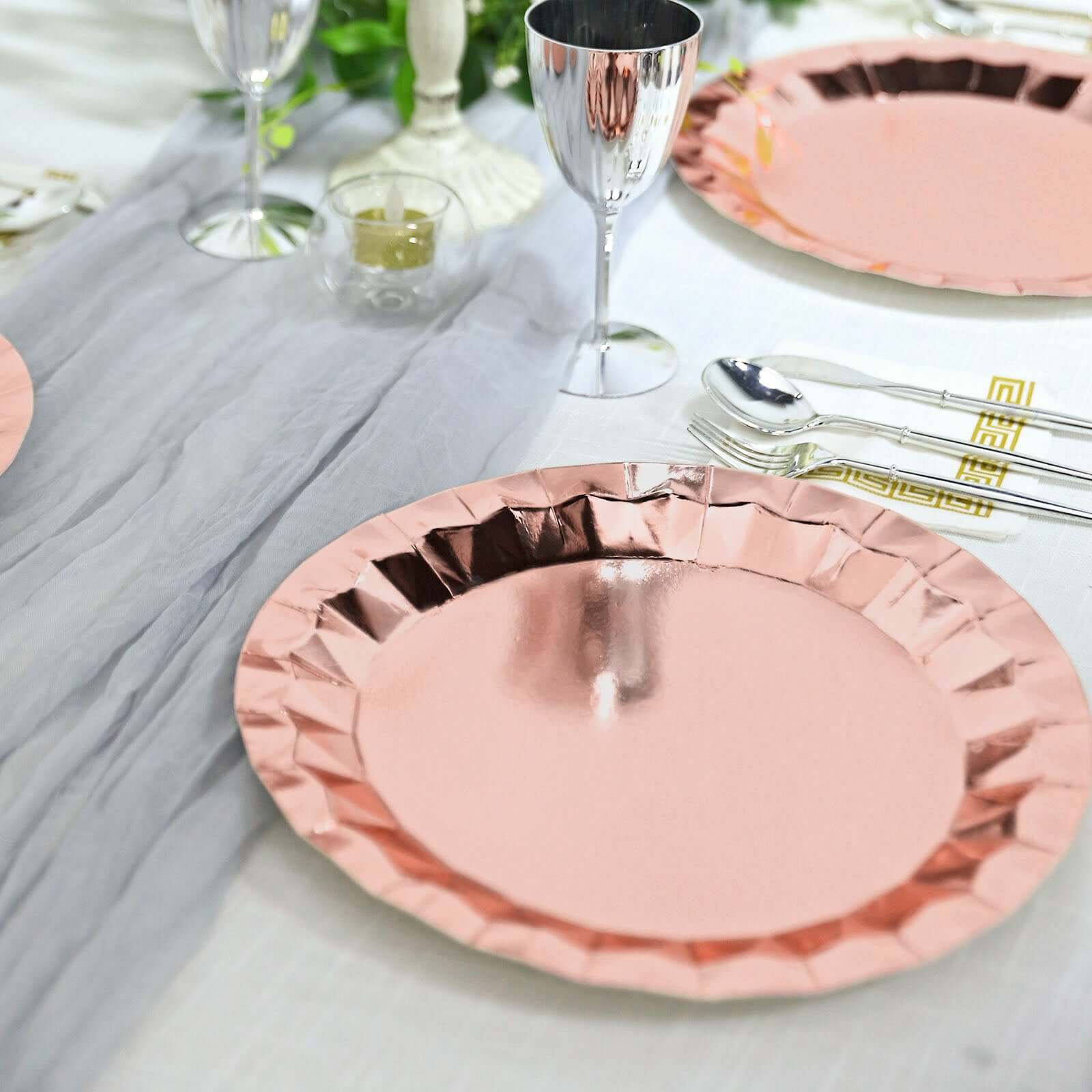 25-Pack Paper 12" Round Charger Plates in Metallic Rose Gold with Geometric Prism Design - Disposable 400GSM Serving Trays
