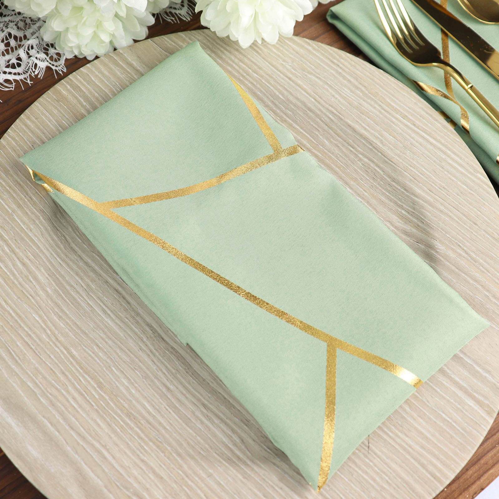 5 Pack Polyester 20"x20" Napkins Sage Green with Gold Geometric Foil Pattern - Modern Reusable Dinner Napkins