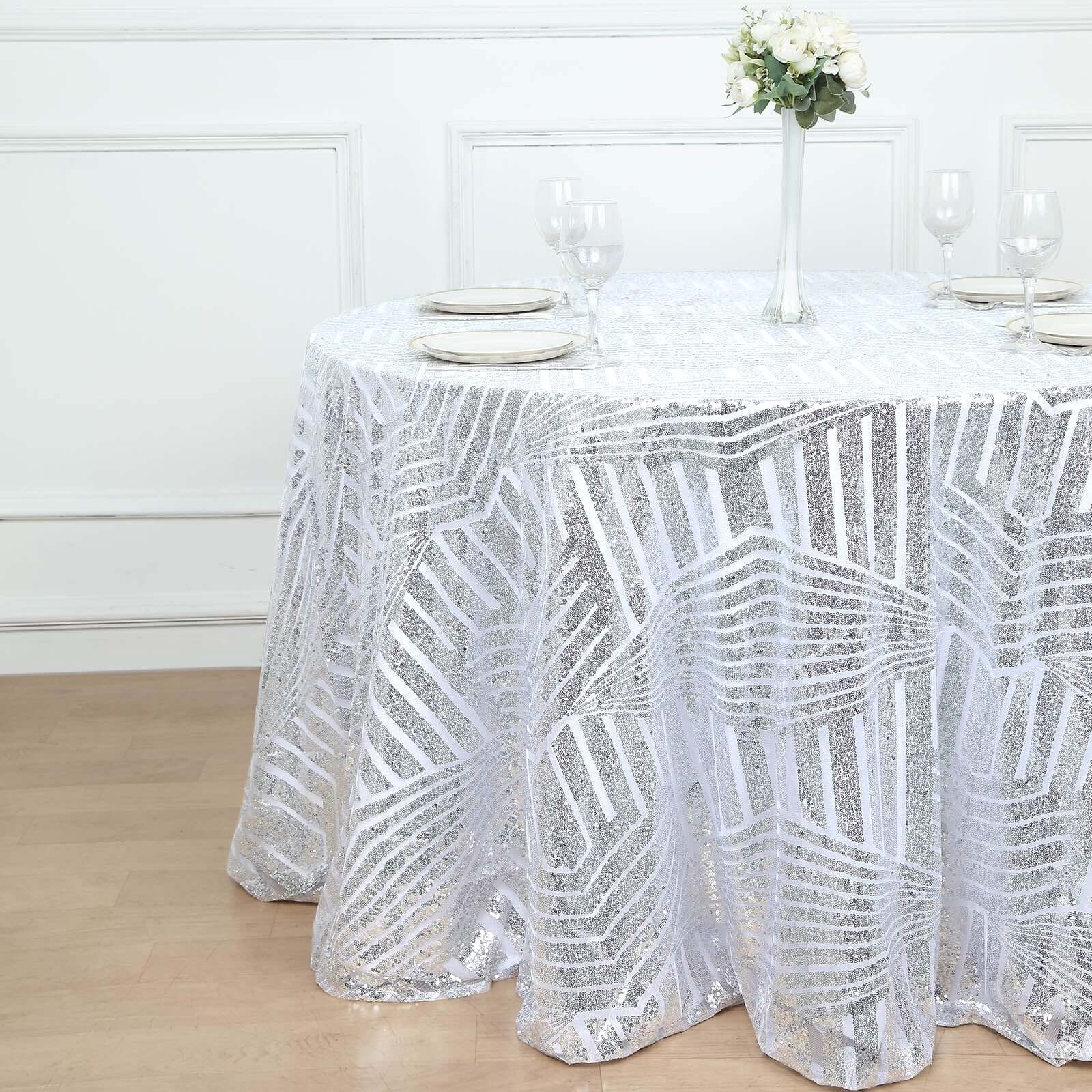 Sequin 120" Round Tablecloth Silver - Seamless Diamond Glitz Table Cover