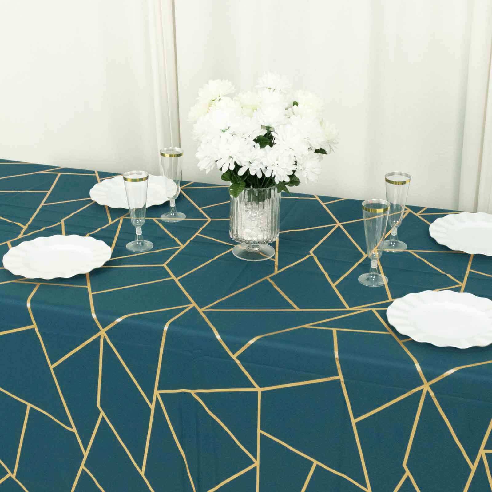 90"x132" Peacock Teal Seamless Rectangle Polyester Tablecloth With Gold Foil Geometric Pattern for 6 Foot Table With Floor-Length Drop