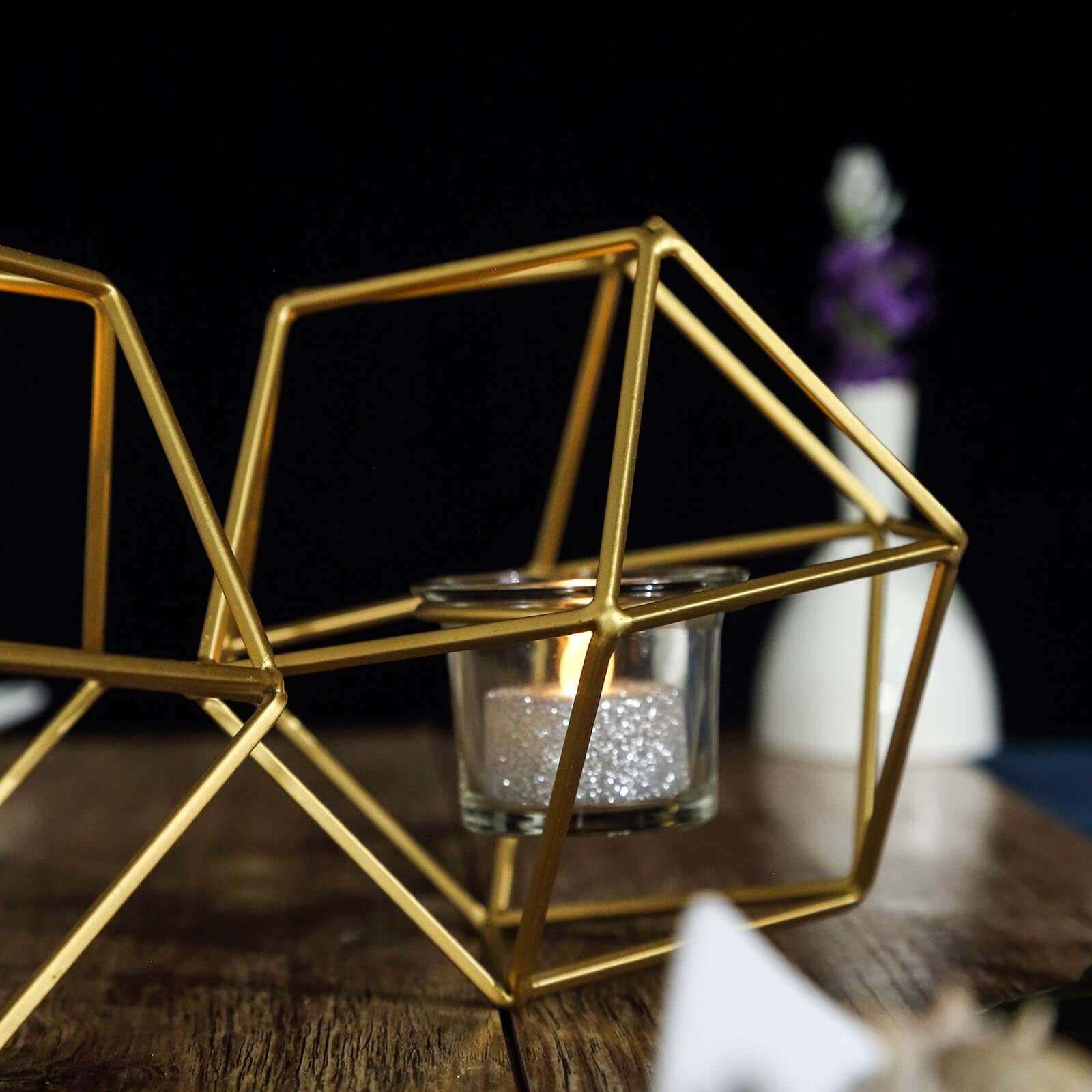 Set of Metal Candle Holders Linked Geometric Design Gold - Modern Table Decor with Votive Glass for Gatherings 11"