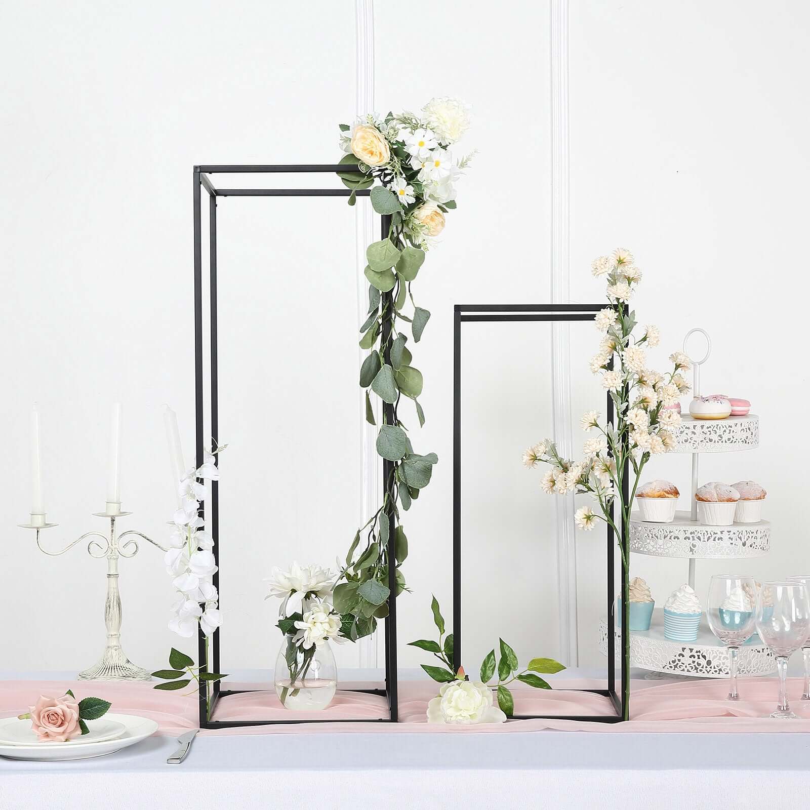 2-Pack Wedding Flower Stand Black Metal Geometric Column Frame Rectangular - Versatile Floral Pedestal for Sophisticated Arrangements 24"