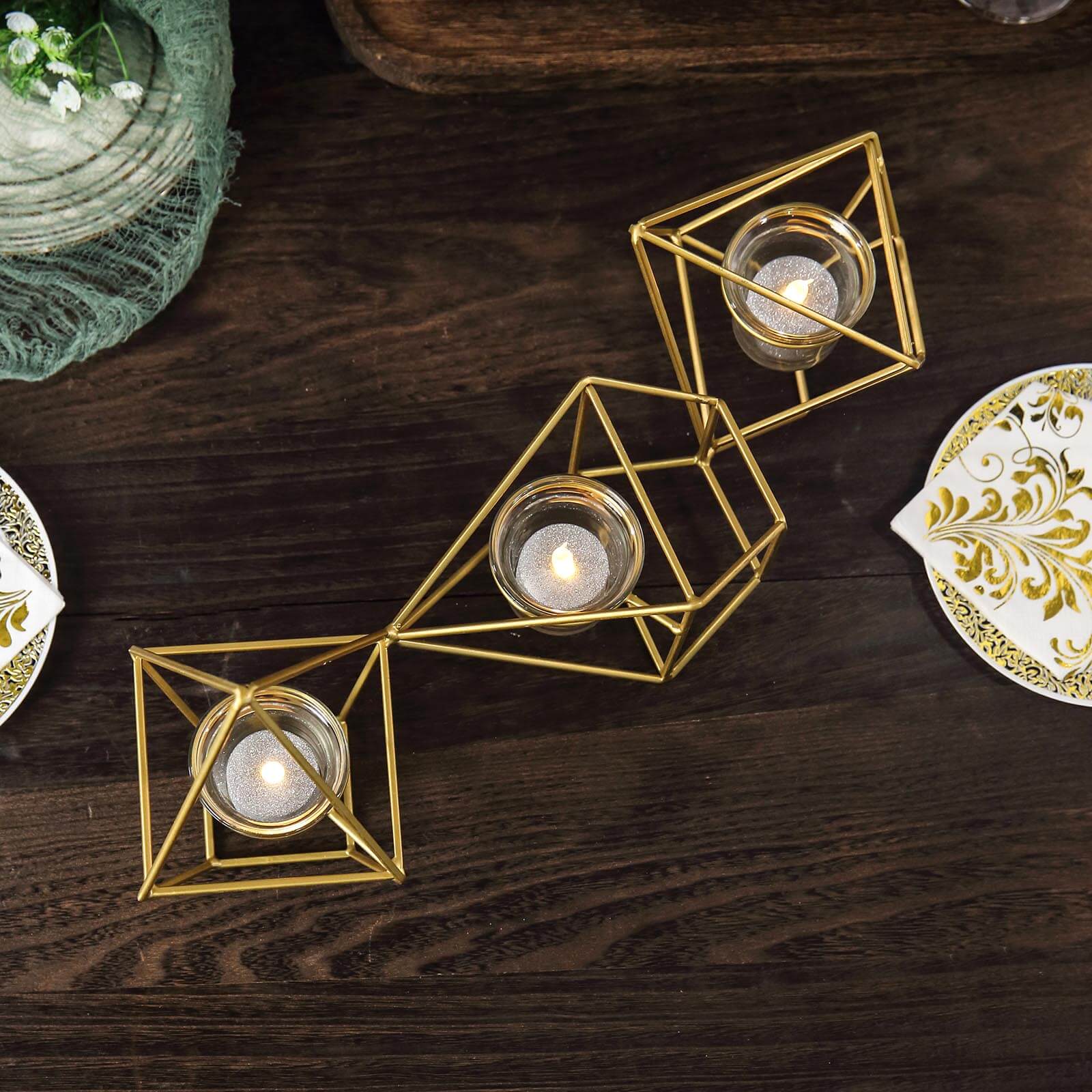 Set of Metal Candle Holders Linked Geometric Design Gold - Modern Votive Glass Decor for Tables & Gatherings 16"