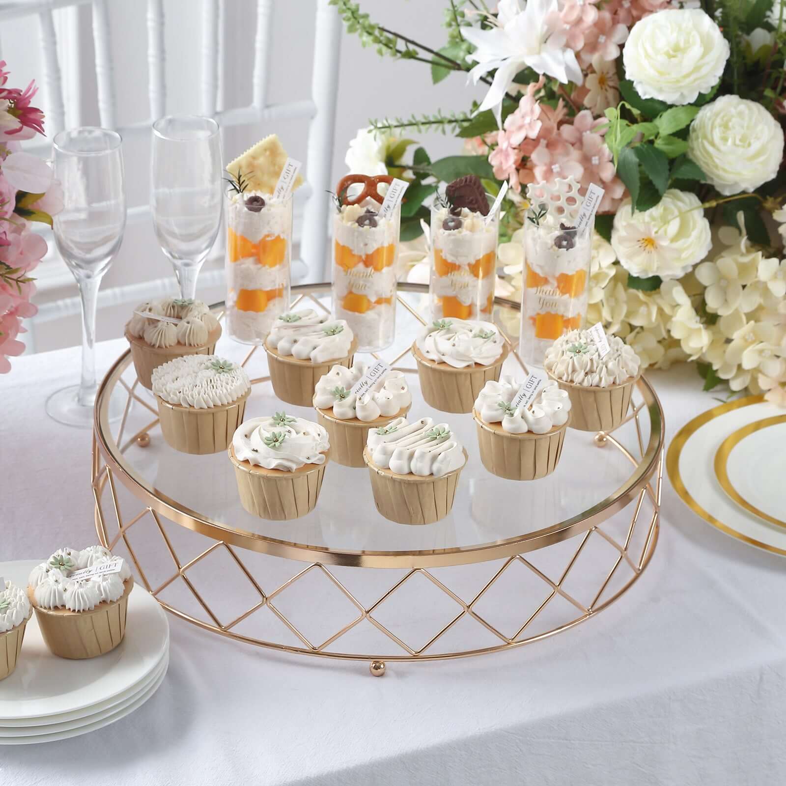 Metal Cake Stand Geometric Diamond Cut Design Gold with Glass Top - Dessert Display Riser 14"