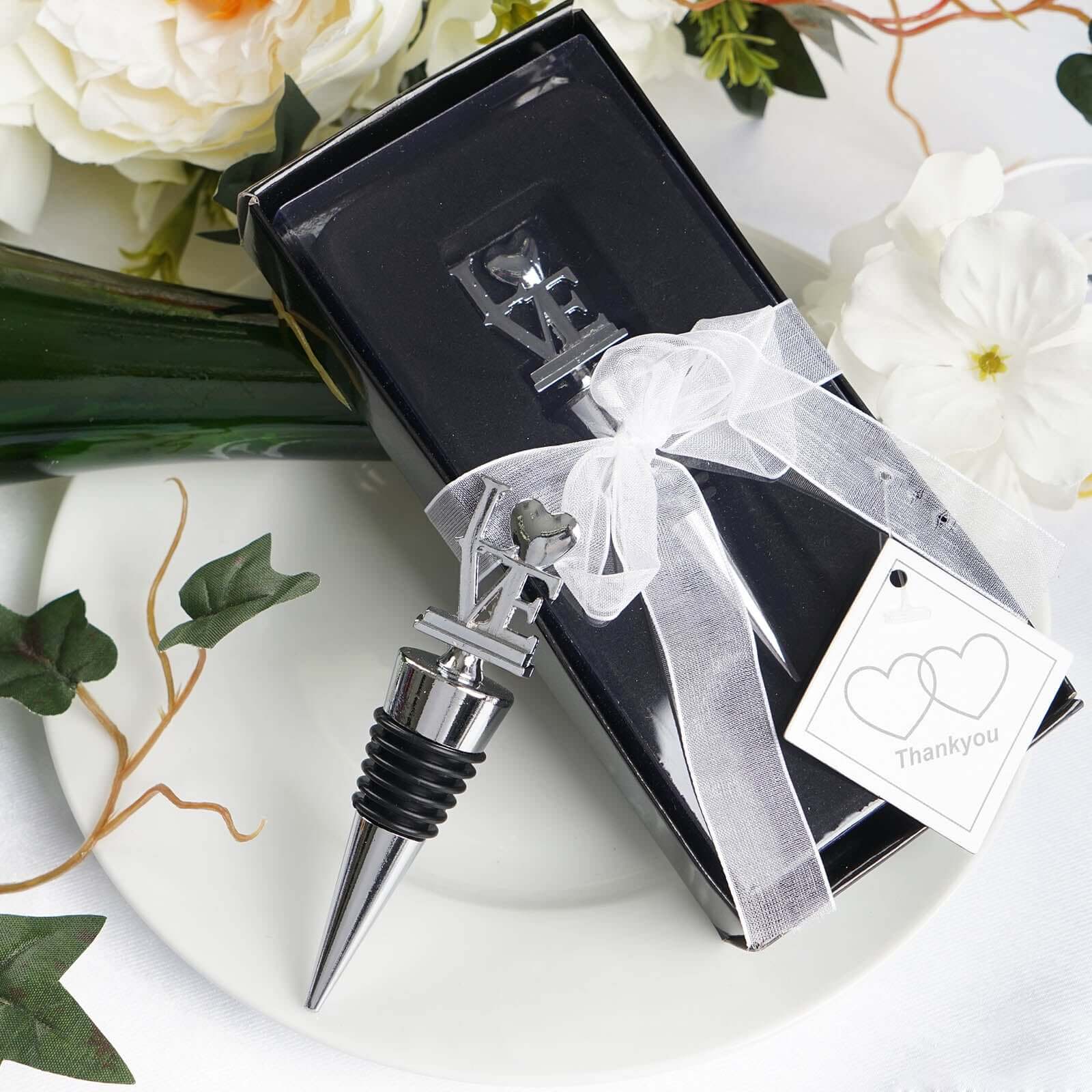 4" Silver Metal Love Wine Bottle Stopper Wedding Party Favors With Velvet Gift Box