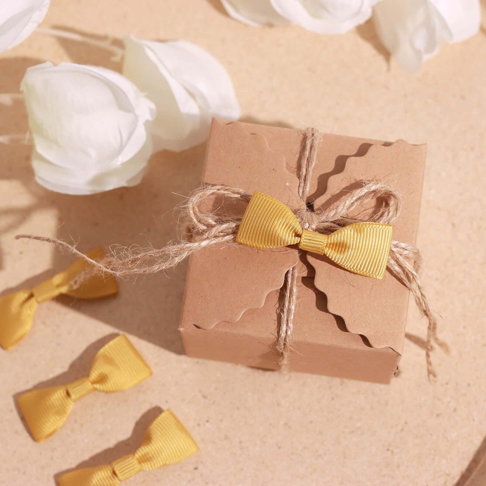 50 Pcs 1.5" Gold Grosgrain Pre Tied Ribbon Bows, Gift Basket Party Favor Bags Decor - Polyester