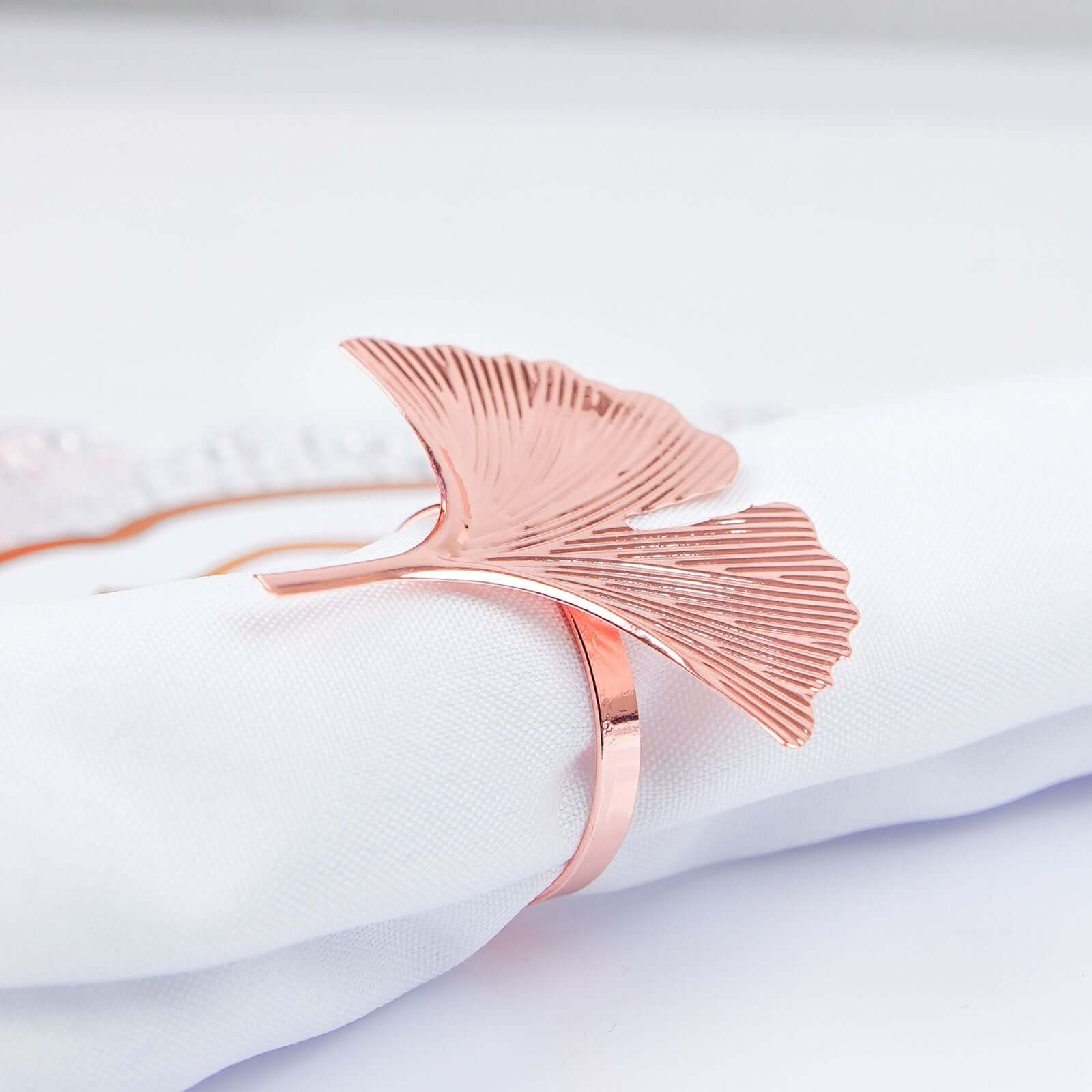 4 Pack Metallic Rose Gold Ginkgo Leaf Napkin Rings, Ornate Design Linen Napkin Holders