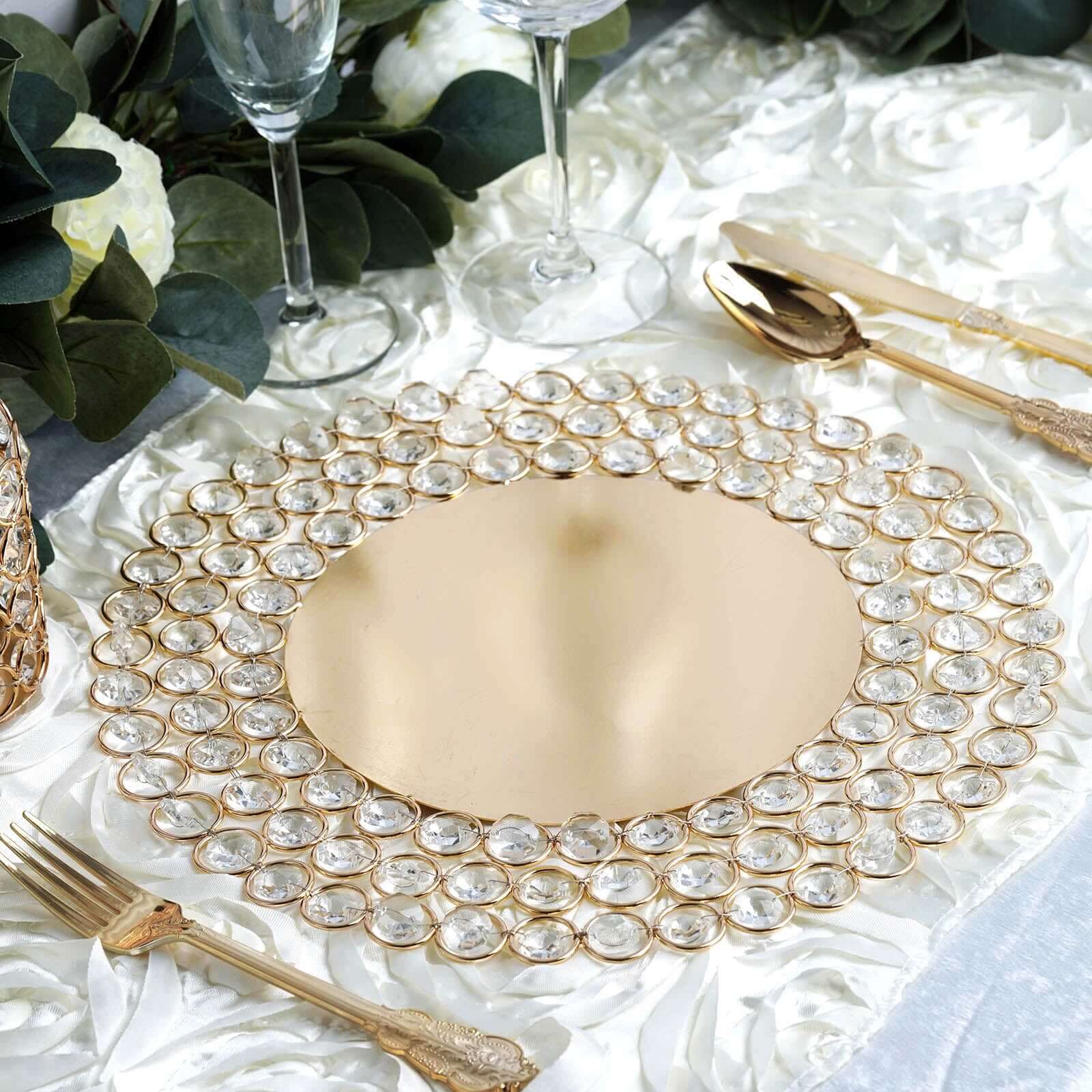Wired Metal Round Charger Plate 14" in Gold with Acrylic Crystal Beads, Glamorous Decorative Dinner Charger Tableware