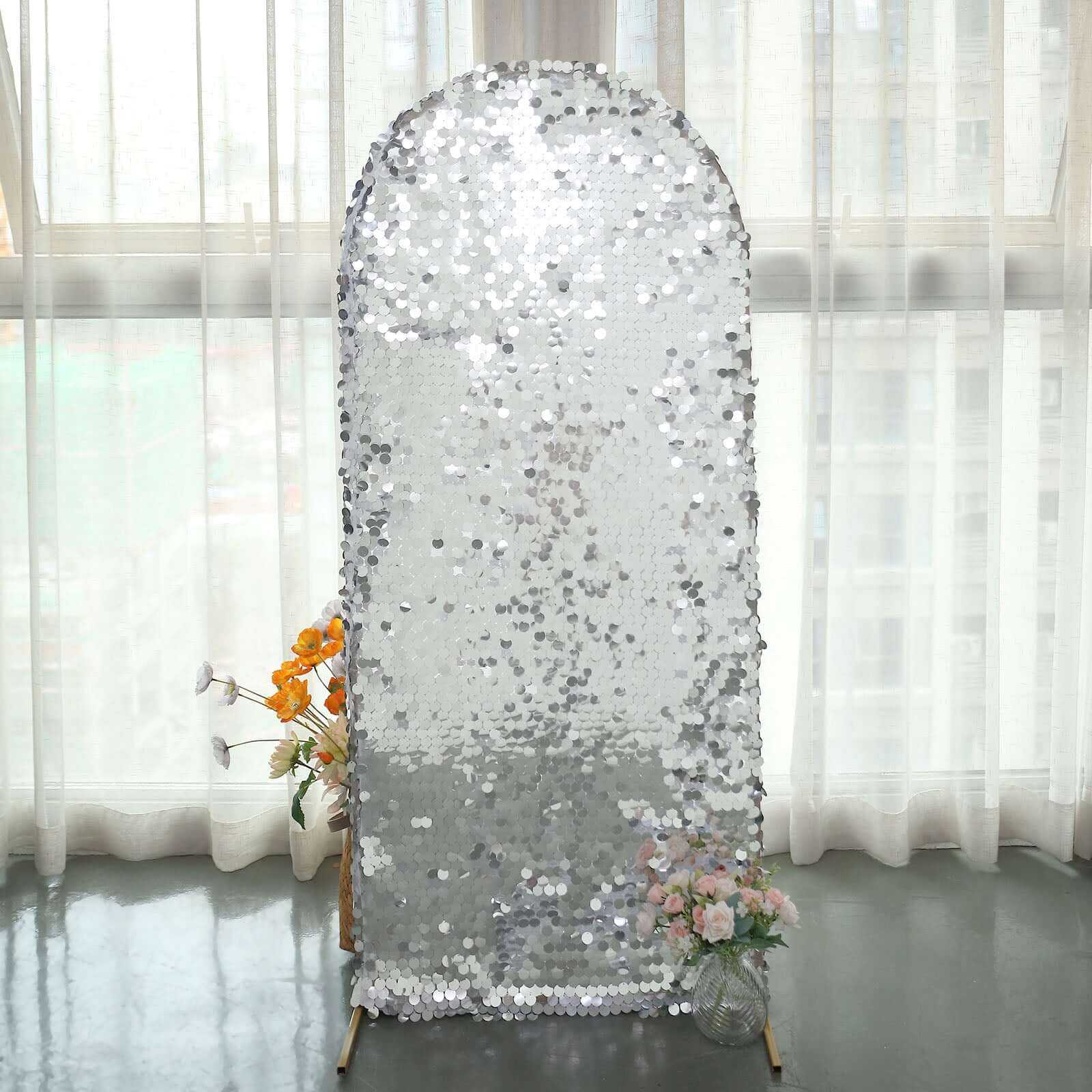 5ft Sparkly Silver Double Sided Big Payette Sequin Chiara Backdrop Stand Cover For Fitted Round Top Wedding Arch