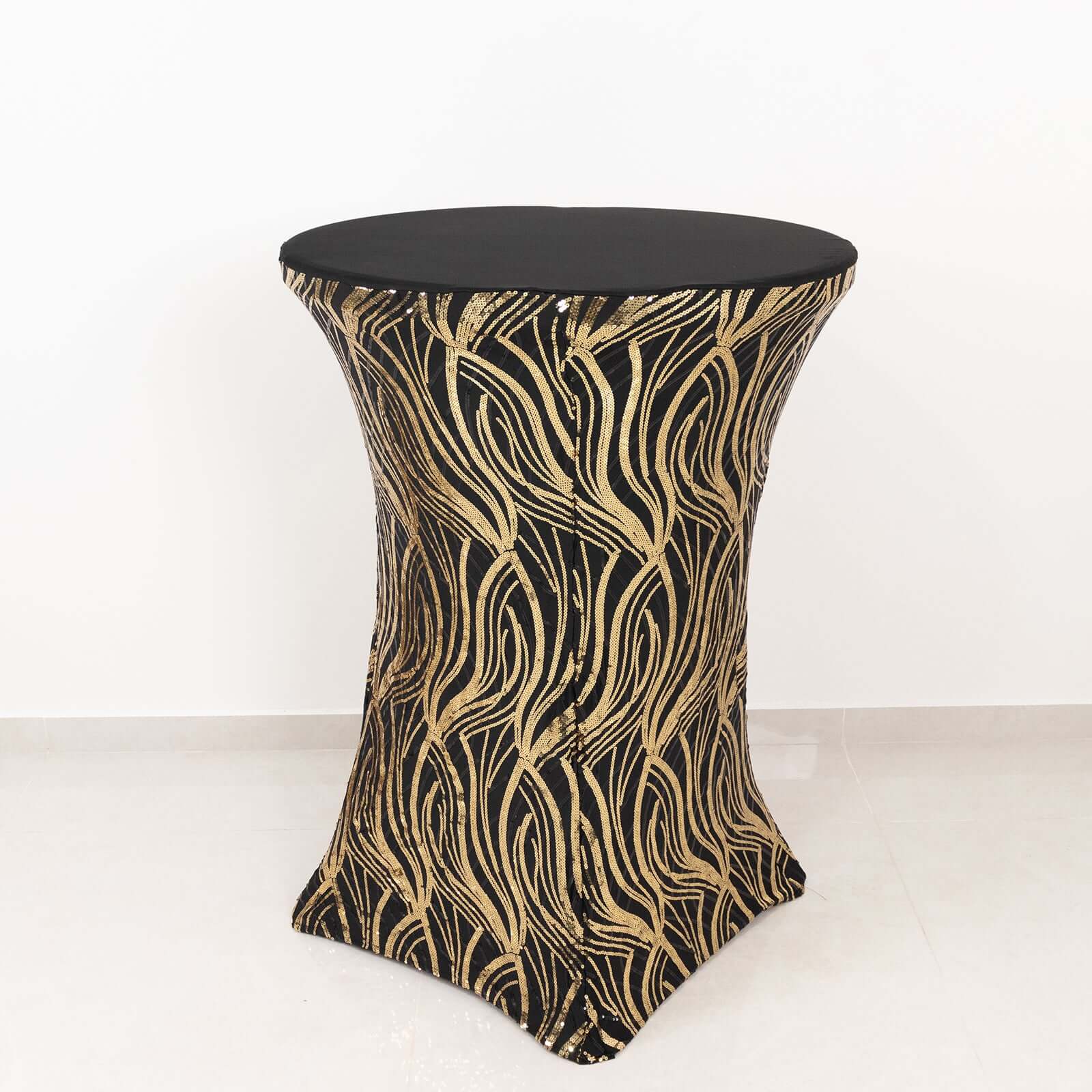 Spandex 32" Round Cocktail Table Cover Black/Gold with Wave Embroidered Sequins - Glamorous Design for Upscale Events