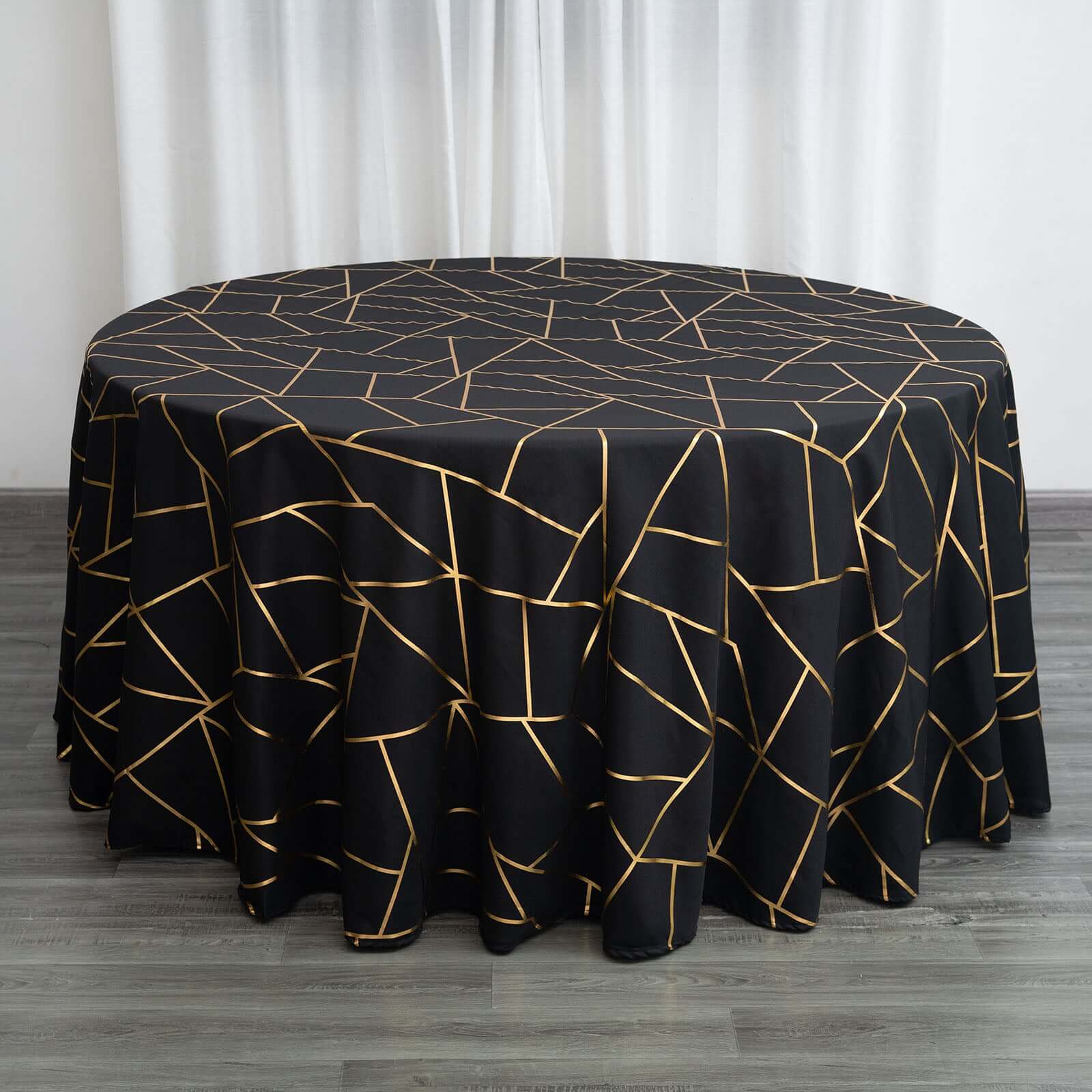 Polyester 120" Round Tablecloth Black with Gold Foil Geometric Pattern Wrinkle-Resistant Seamless Table Cover