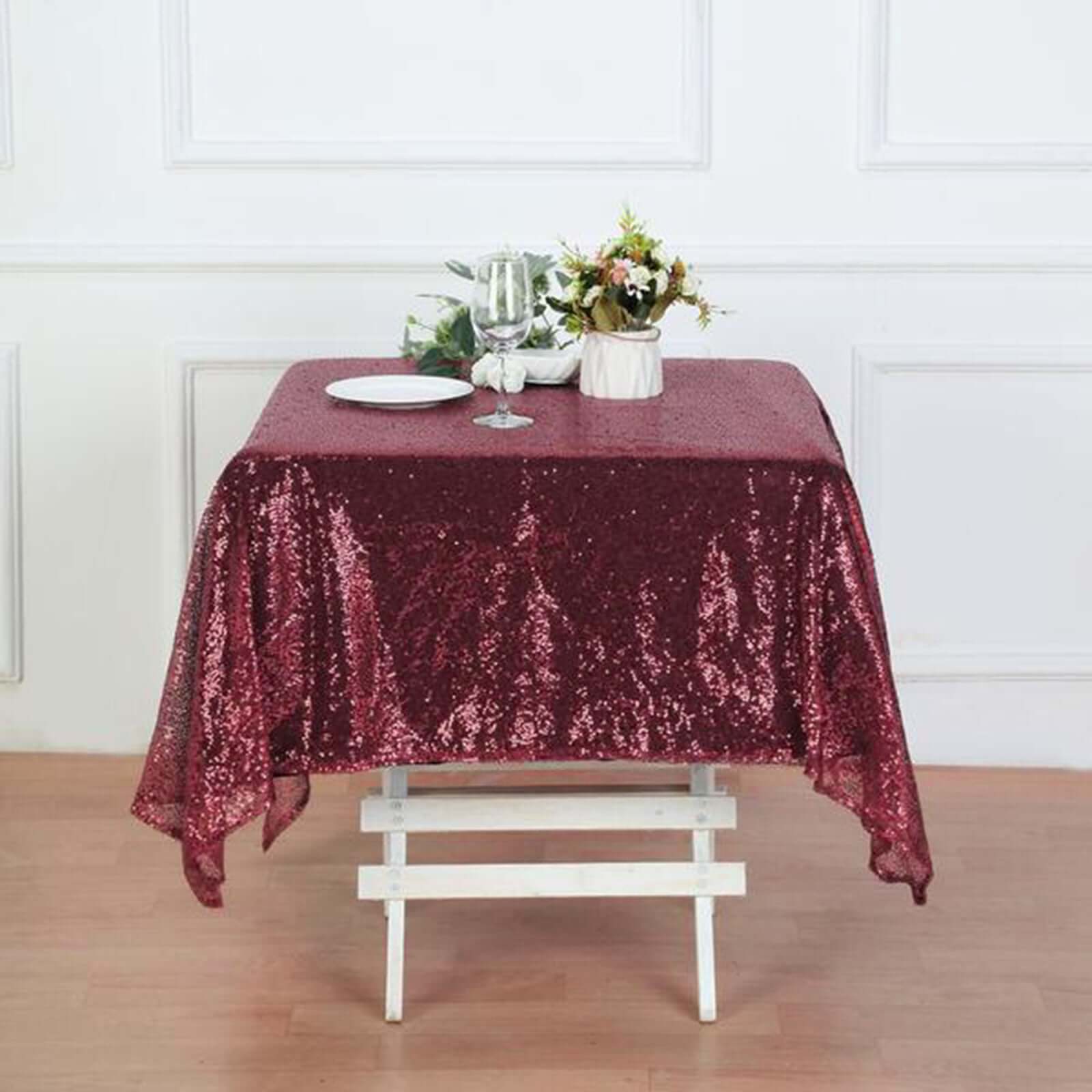 Sequin 60"x60" Table Overlay Square Tablecloth Burgundy - Luxe Wedding Table Topper