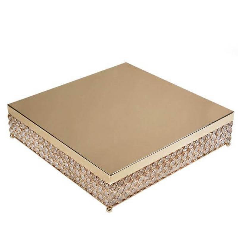 Metal Cake Stand Square Design with Crystal Beads Gold - Dessert Pedestal for Events 16"