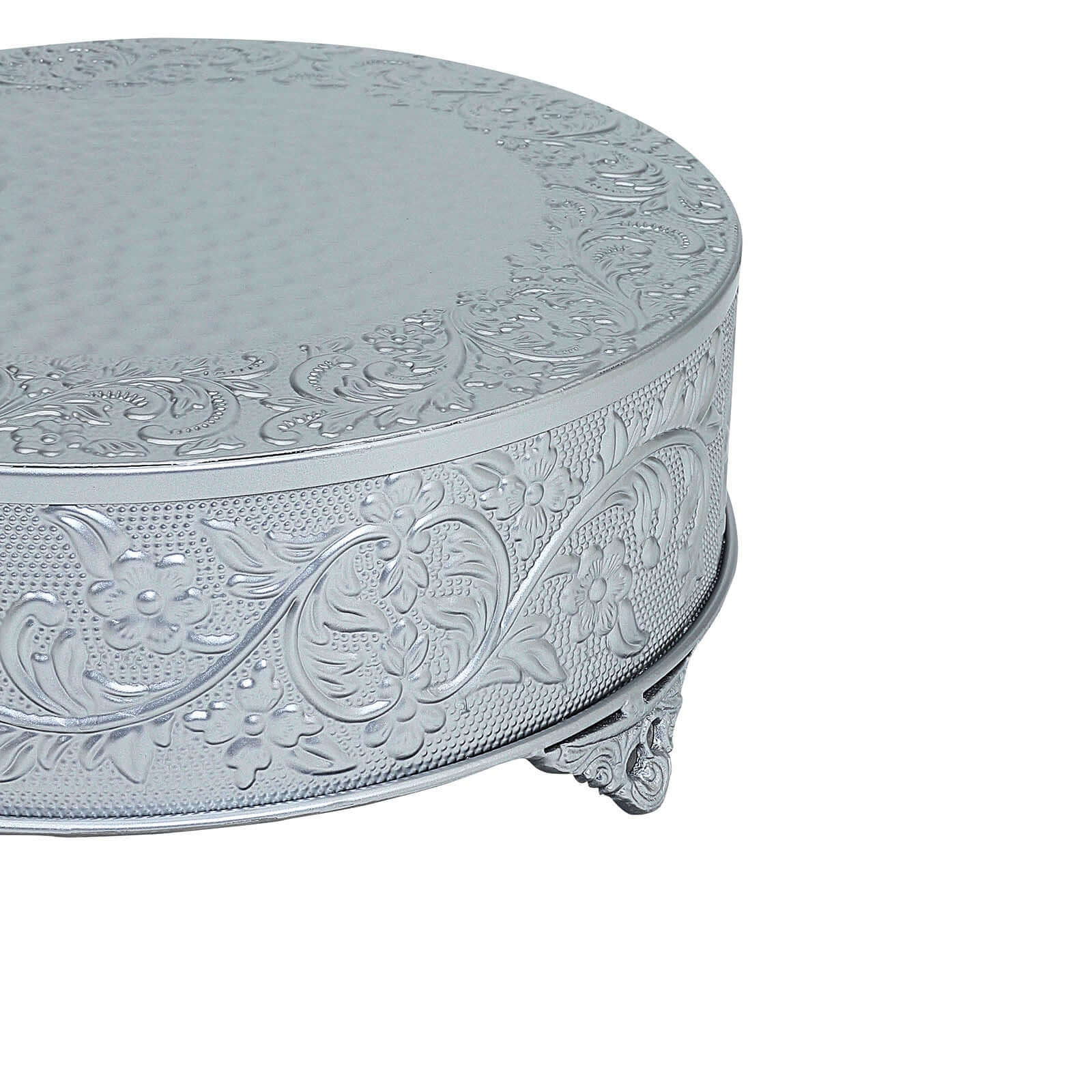 Metal 22" Round Cake Pedestal Stand Matte Silver - Cupcake Dessert Display Riser with Intricate Embossed Design for Upscale Events & Gatherings