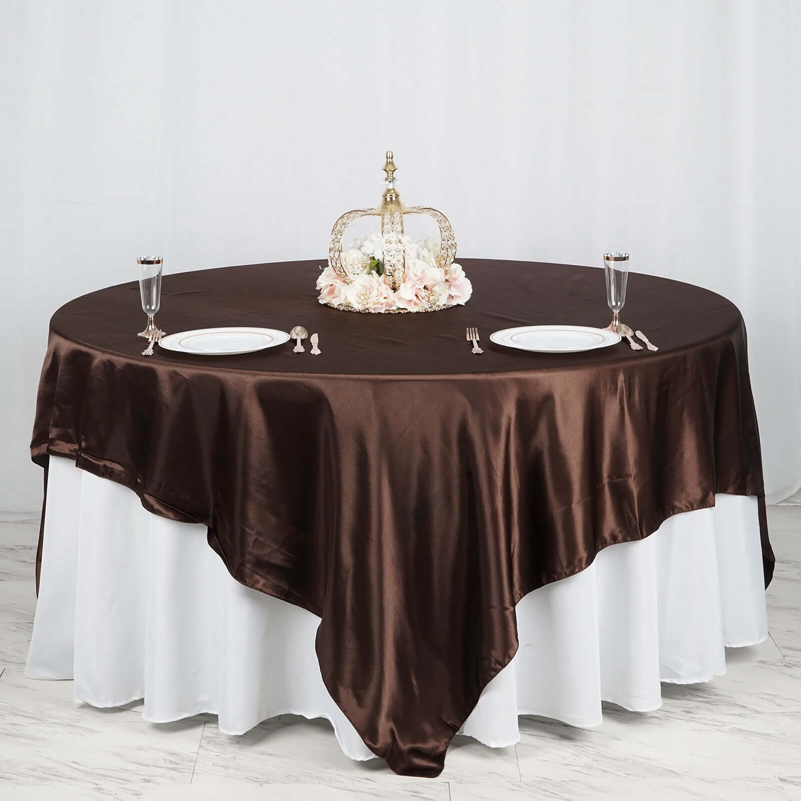 Satin 90"x90" Table Overlay Square Tablecloth Chocolate - Smooth Finish Table Topper