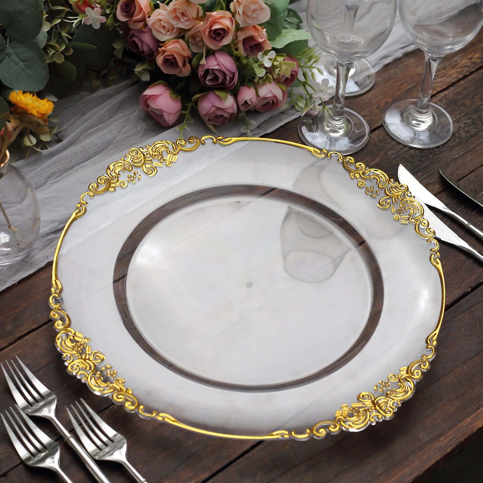 6-Pack Acrylic Round Charger Plates 13" in Clear with Gold Embossed Baroque Rim, Antique Decorative Dinner Party Charger Tableware