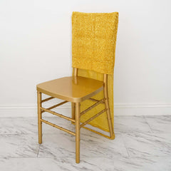 Stretch Spandex Chair Back Slipcover with Metallic Shimmer Tinsel Gold - Durable Chiavari Chair Back Cover for Glamorous Event Settings