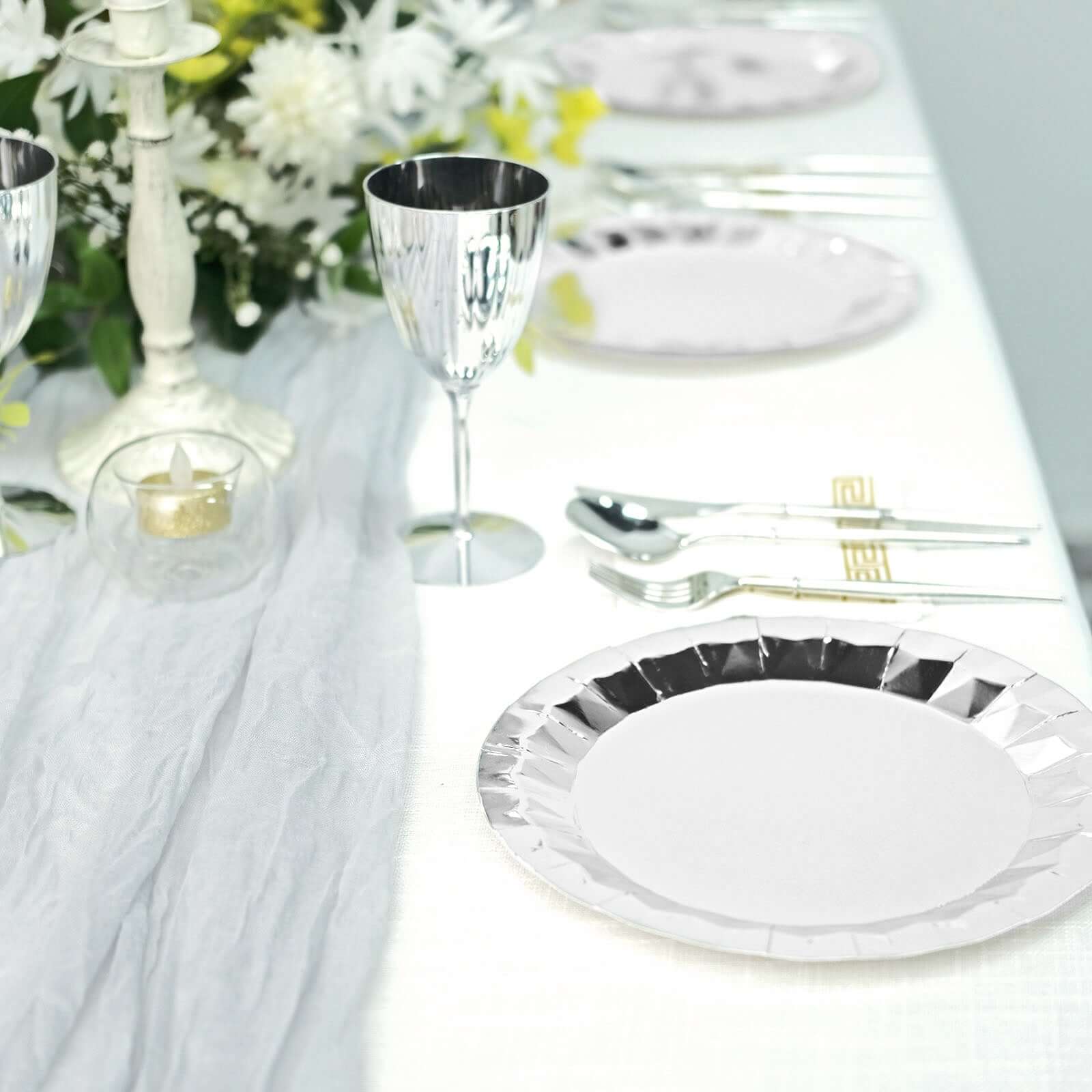 25-Pack Paper 9" Round Dinner Plates in Metallic Silver with Geometric Prism Rim - Disposable 400GSM Party Plates