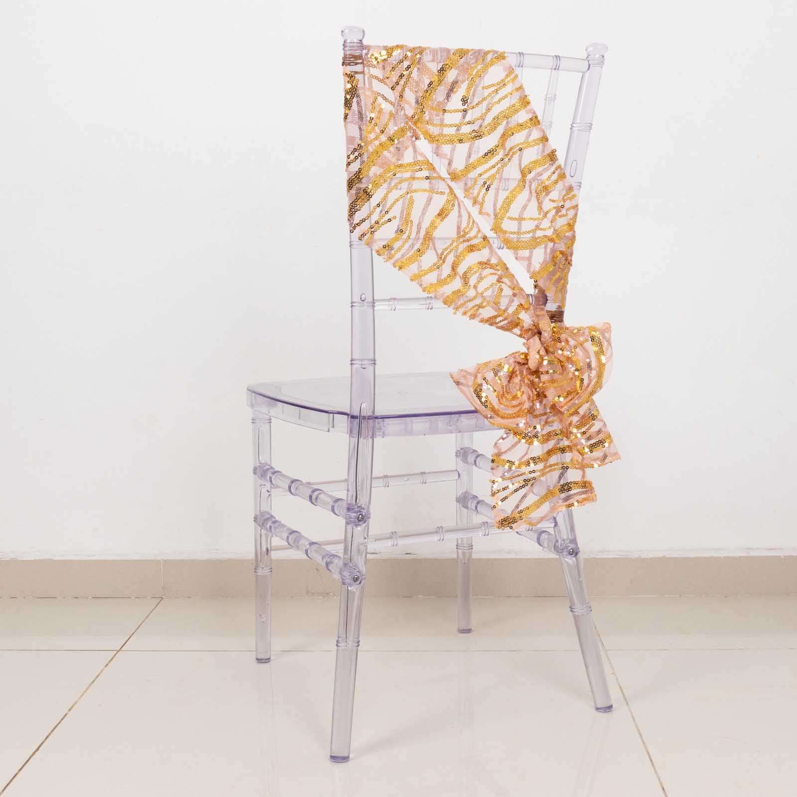 5 Pack Chair Sashes with Wave Embroidered Sequins Rose Gold/Gold 6"x88"