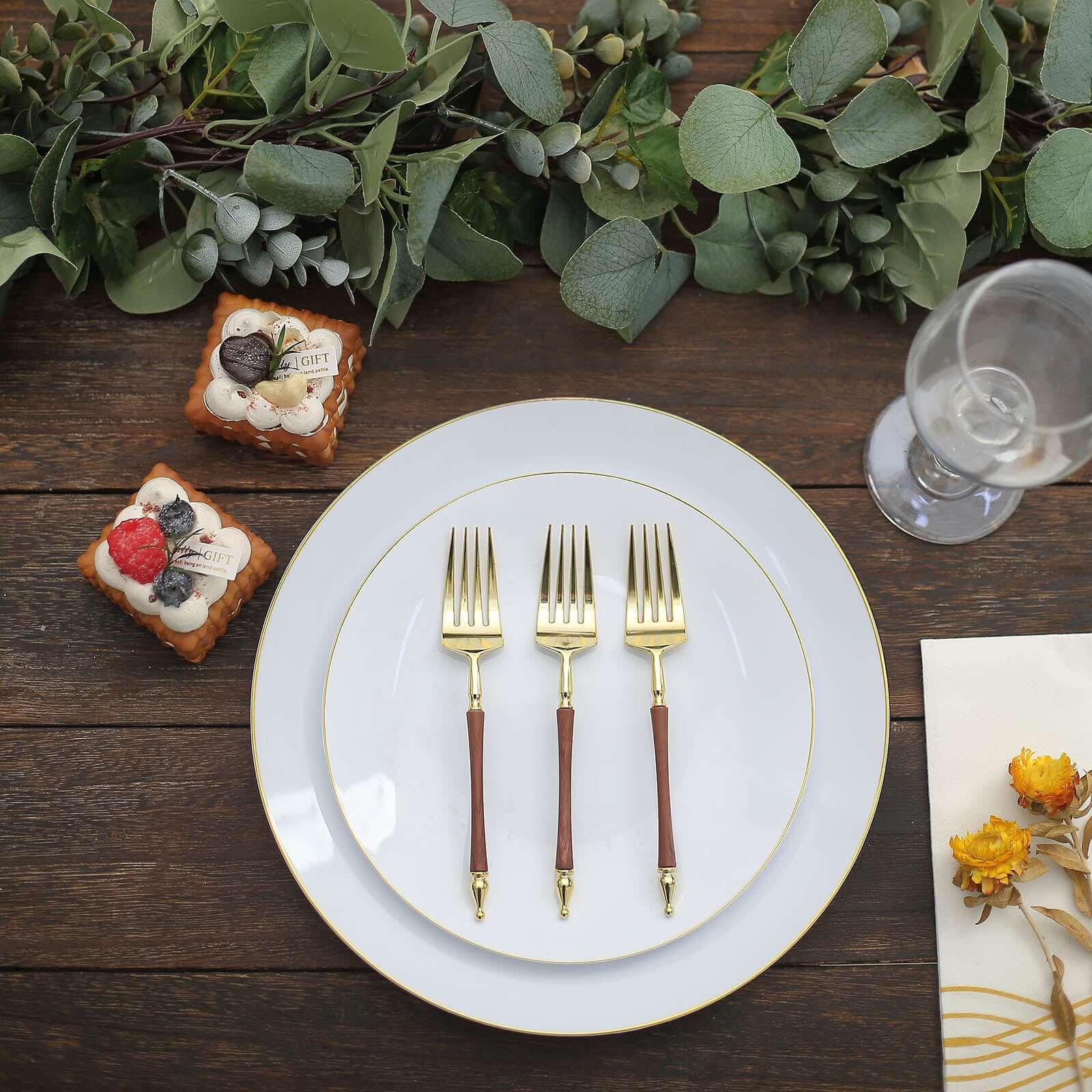 24-Pack Plastic Dessert Forks with Roman Column Handle Gold/Brown - European Style Disposable Utensils 6"