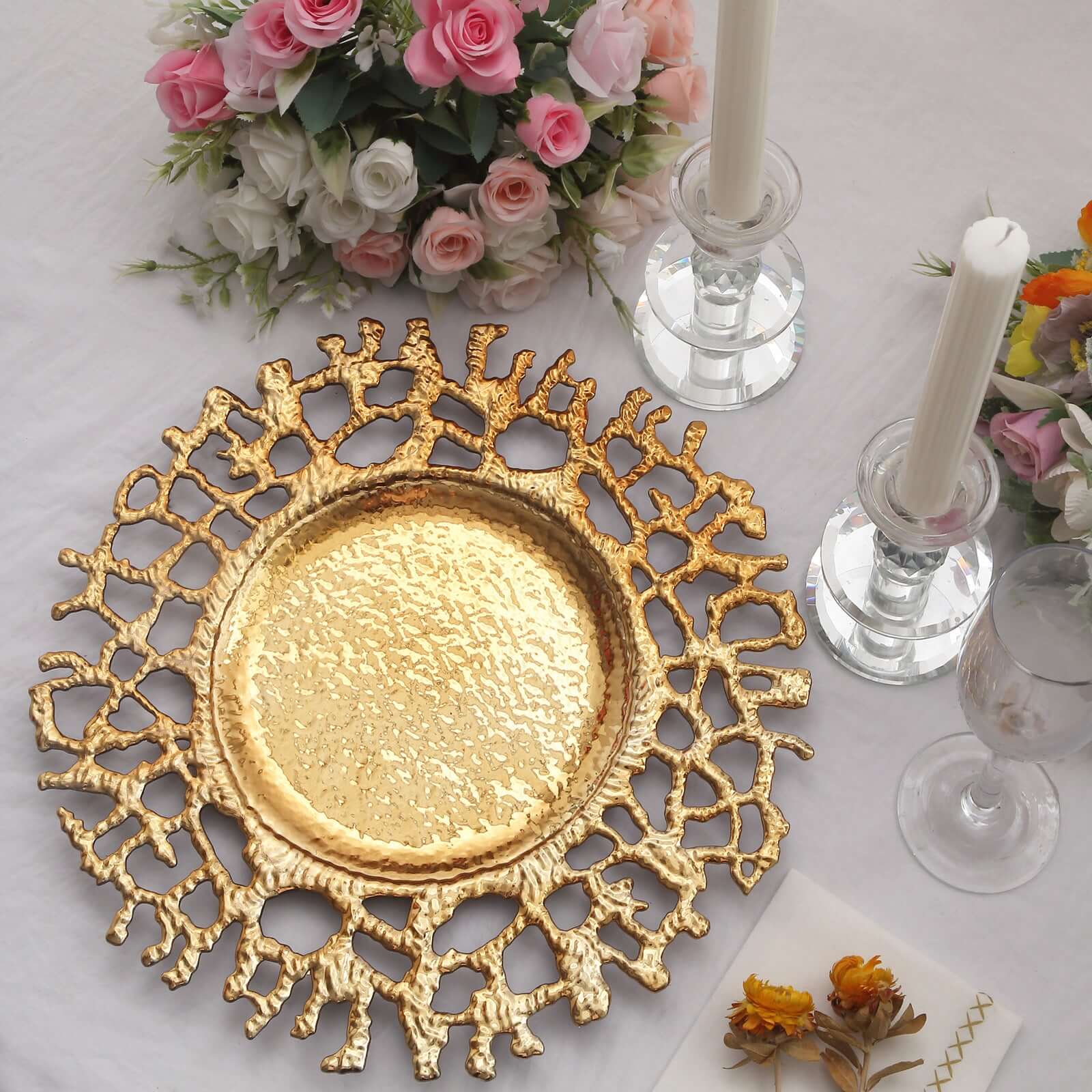6-Pack Acrylic Round Charger Plates 13" in Gold with Molten Branch Design, Plastic Hollow Lace Decorative Dinner Party Charger Tableware