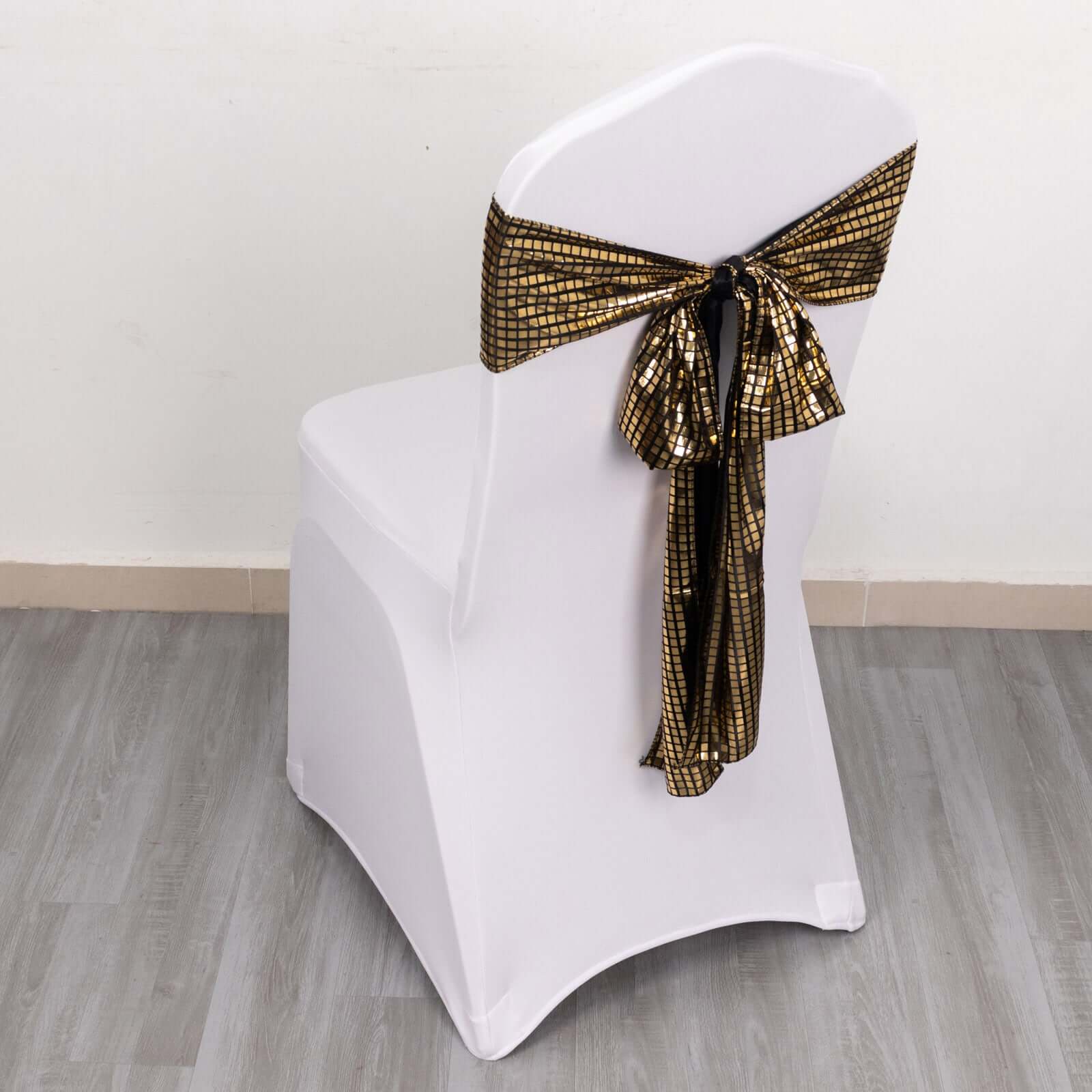 5 Pack Chair Sashes Shiny Foil Polyester 6"x108" Black/Gold - Stylish Disco Mirror Ball Event Decor