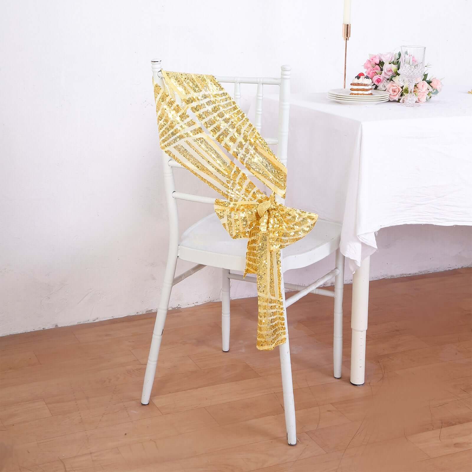 5 Pack Glitz Sequin Chair Sashes with Geometric Diamond Design 6"x88" Gold - Glittering Accent for Weddings