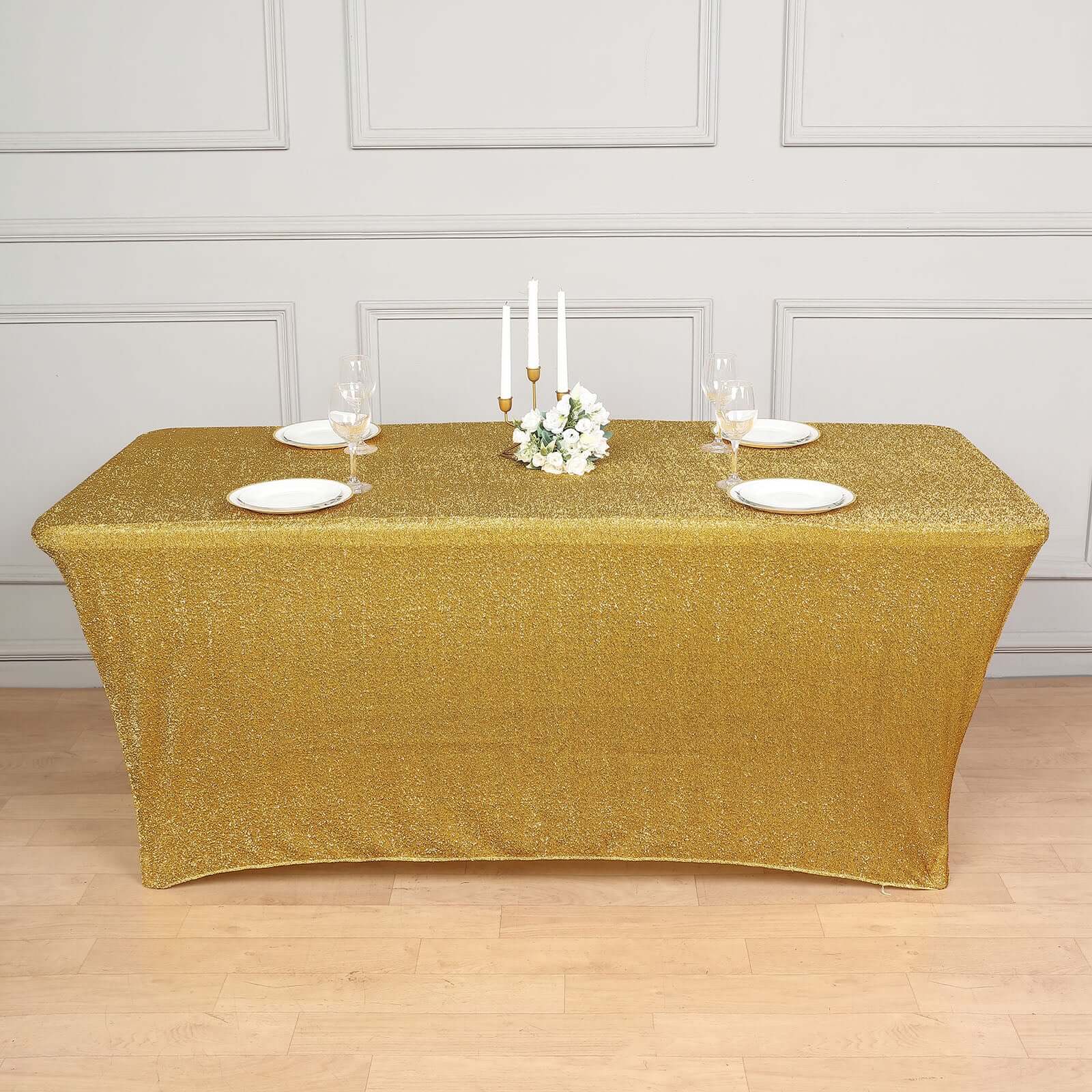 Shimmer Tinsel Spandex 72"x30" Rectangle Tablecloth Metallic Gold Glittered Shiny Stretch Table Cover for Gleaming Event Decor