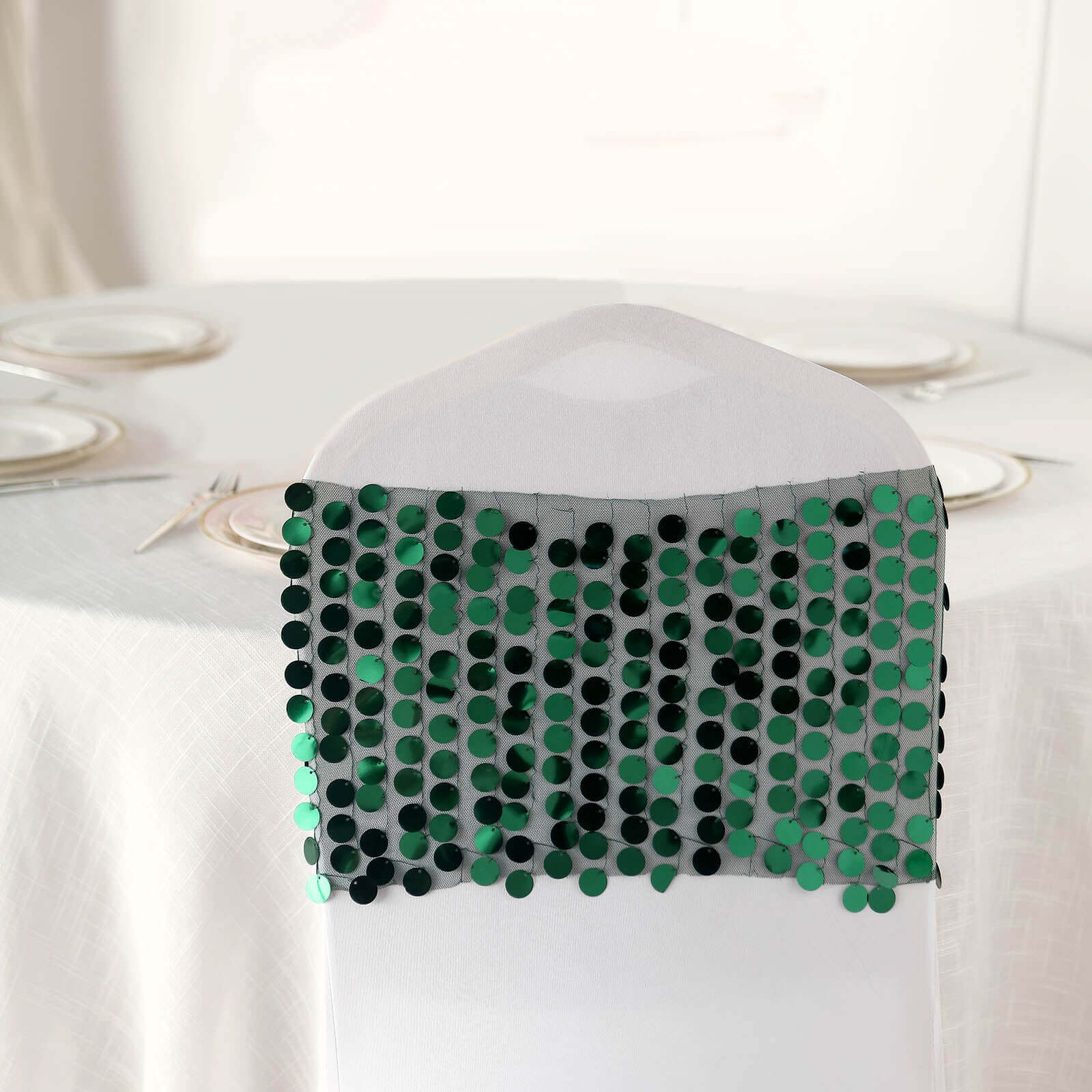 5 Pack Big Payette Sequin 13"x10" Chair Sash Bands Hunter Emerald Green - Stylish Glittering Decor for Weddings & Gatherings