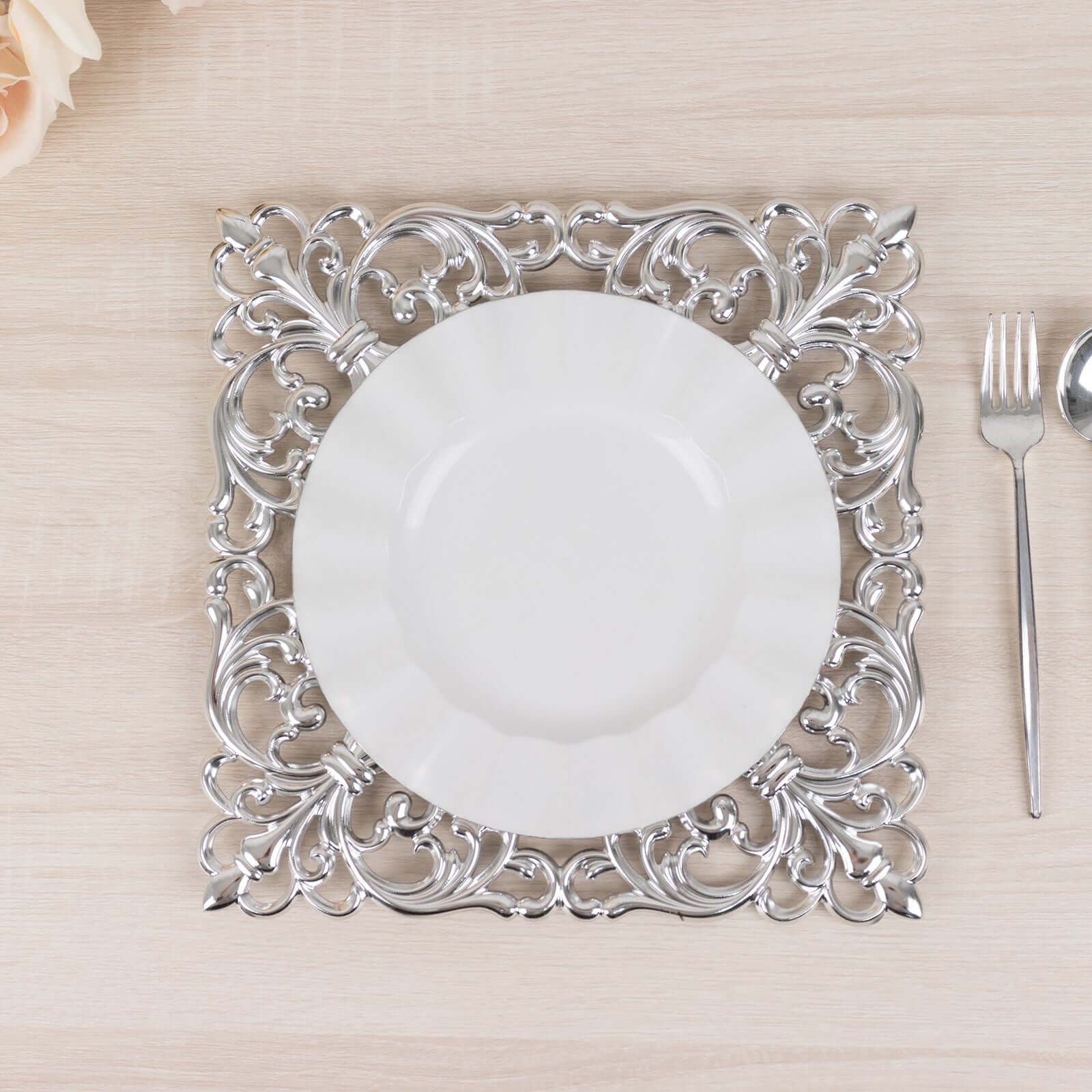 6-Pack Acrylic Square Charger Plates 12" in Silver with Hollow Lace Border, Event Tabletop Decorative Charger Tableware