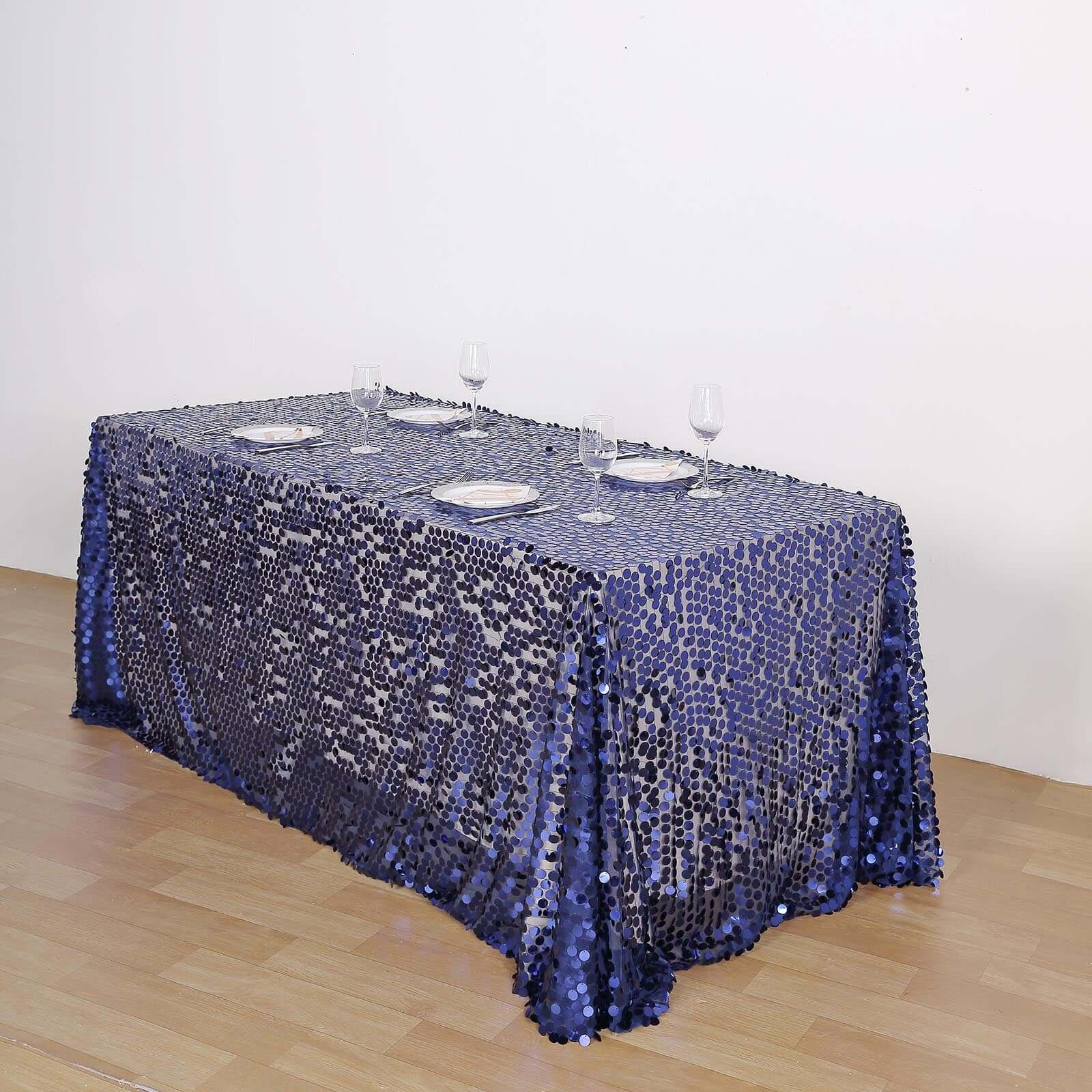 Sequin 90"x132" Rectangle Tablecloth Navy Blue - Seamless Big Payette Table Cover