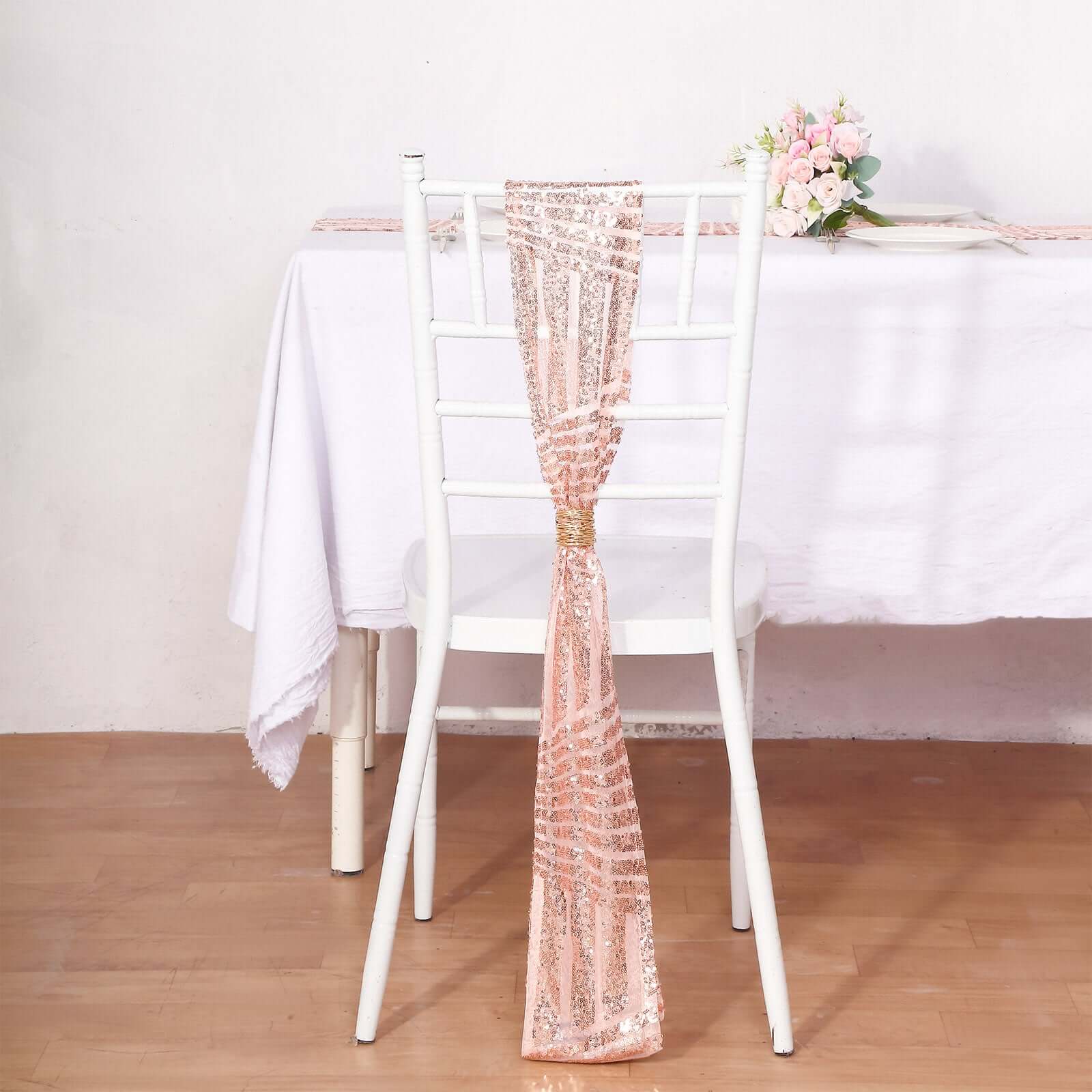5 Pack Glitz Sequin Chair Sashes with Geometric Diamond Design 6"x88" Rose Gold