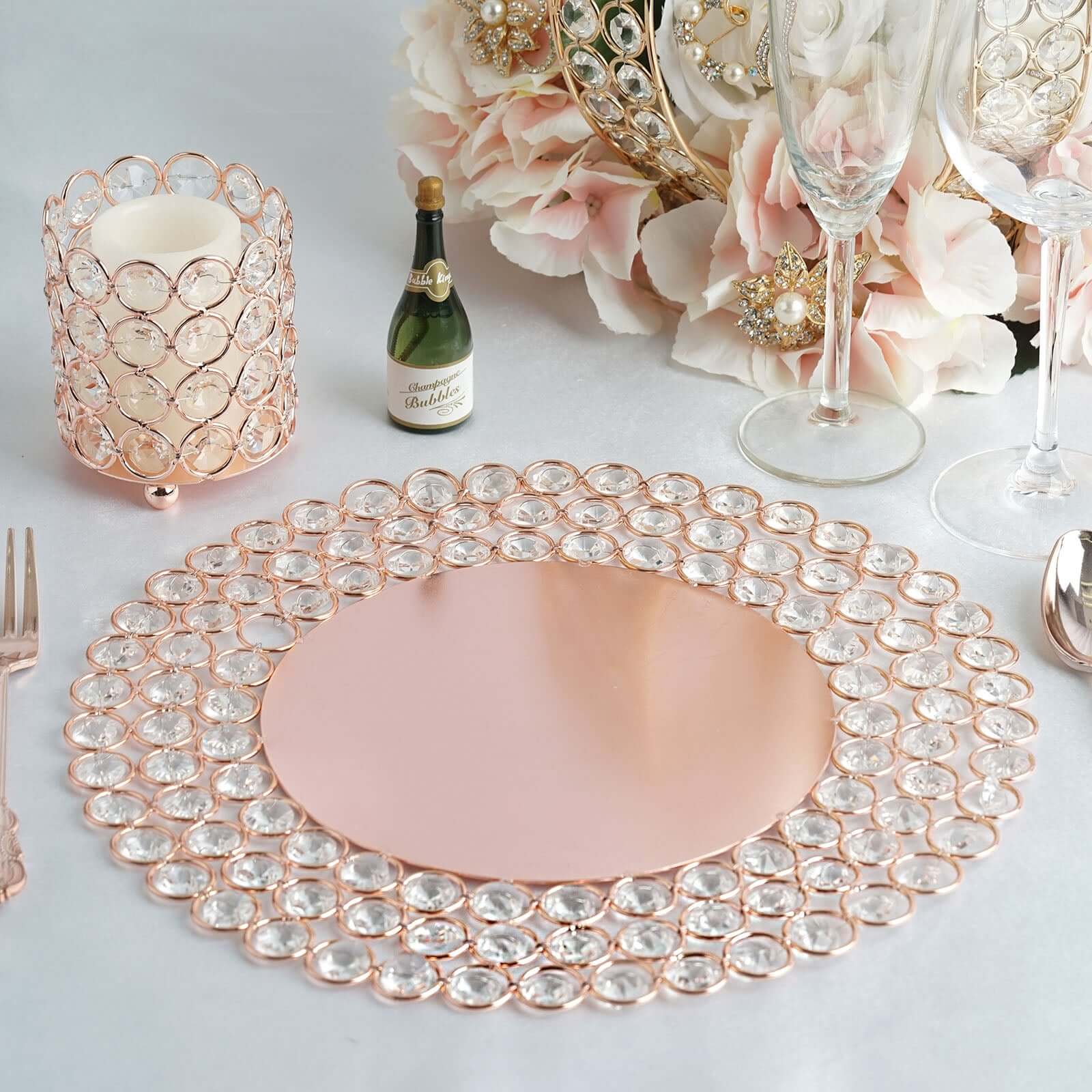 Wired Metal Round Charger Plate 14" in Rose Gold with Acrylic Crystal Beads, Glamorous Decorative Dinner Charger Tableware