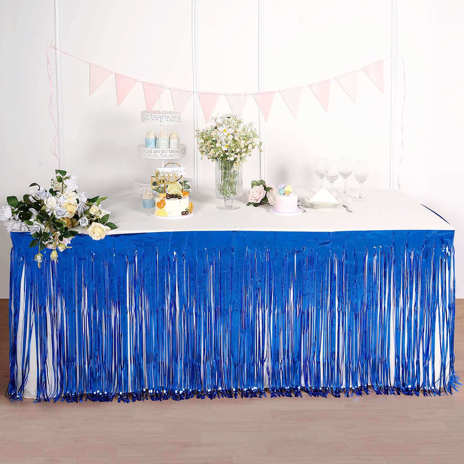 Metallic Foil Fringe Table Skirt Royal Blue with Self Adhesive Backing - Durable Tinsel Skirt for Parties 30"x9ft
