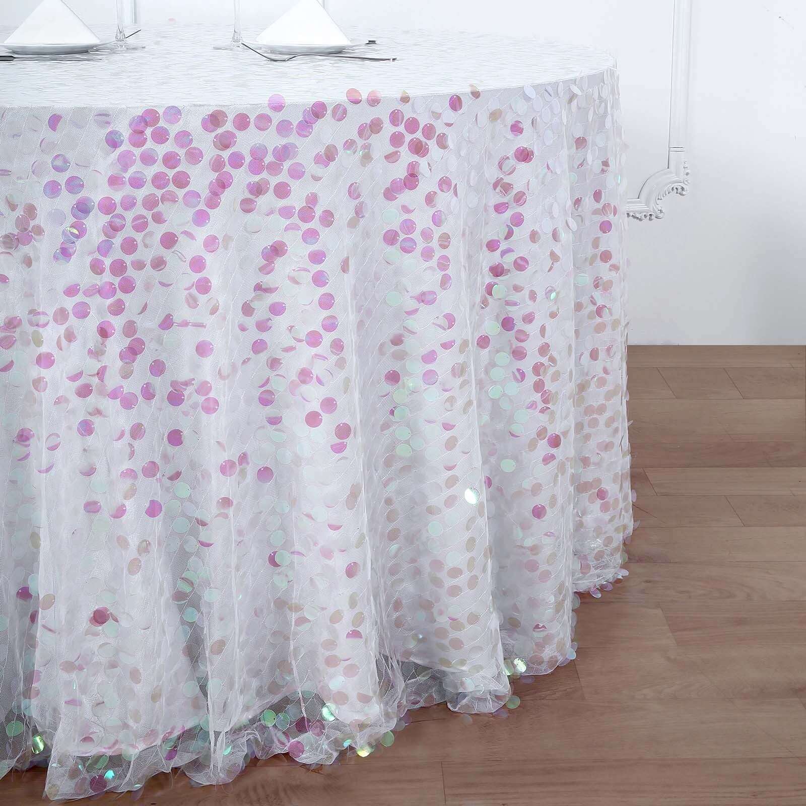 120" Iridescent Seamless Big Payette Sequin Round Tablecloth Collection for 5 Foot Table With Floor-Length Drop
