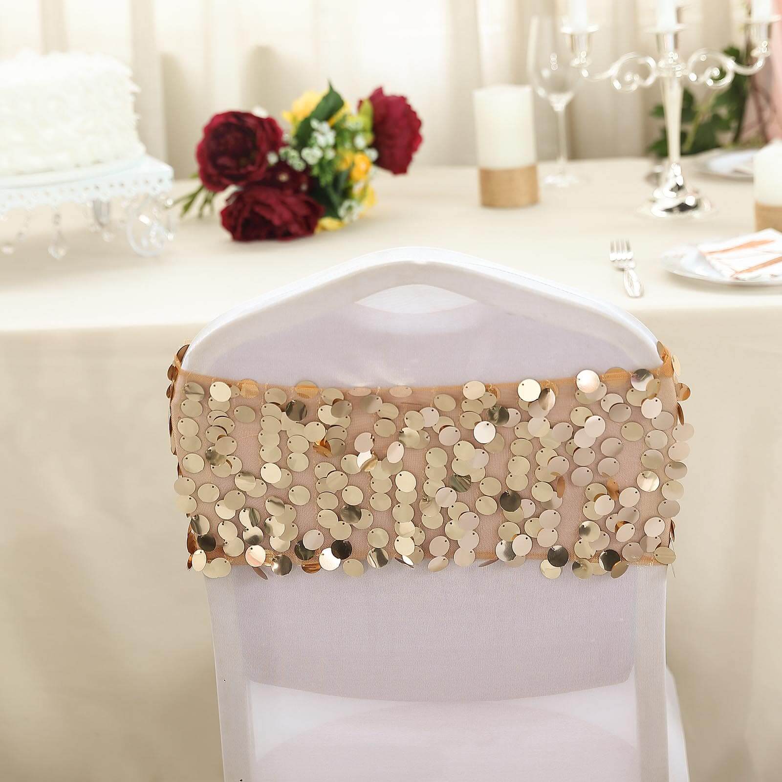 5 Pack Big Payette Sequin 13"x10" Chair Sash Bands Gold - Stylish Glittering Decor for Weddings & Gatherings