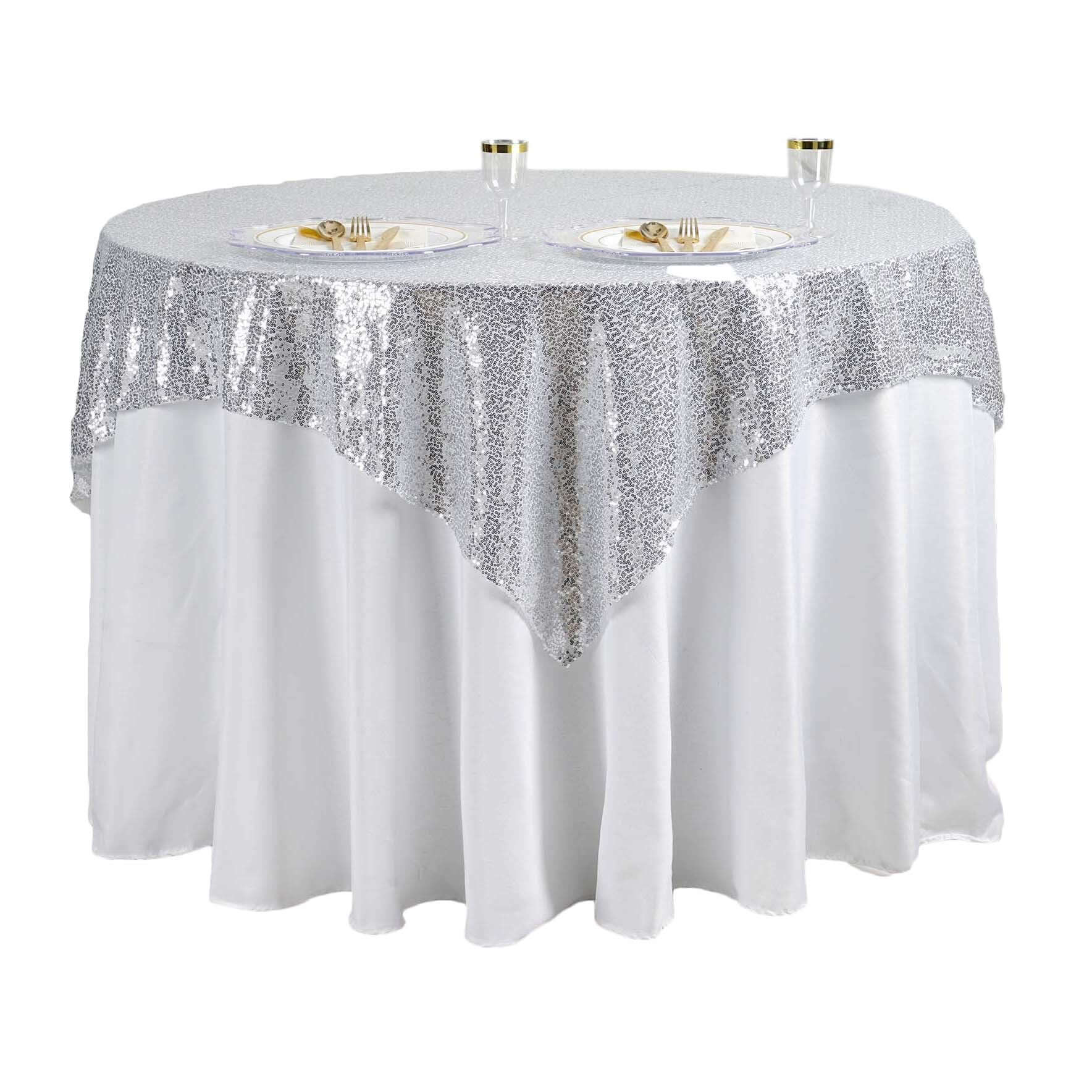 Sequin 60"x60" Table Overlay Square Tablecloth Silver - Luxe Wedding Table Topper