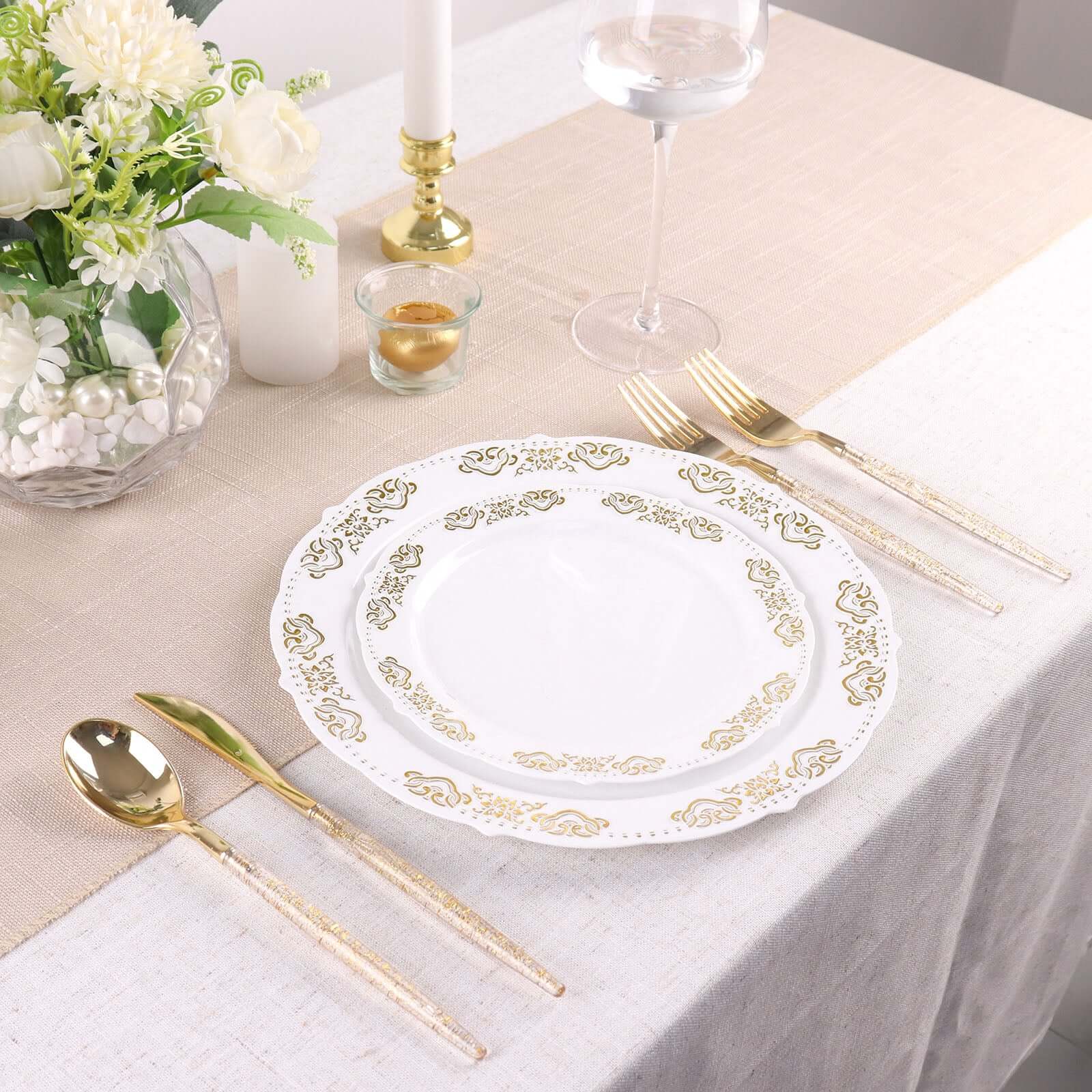 24-Pack Plastic Cutlery Set Metallic Gold with Gold Glitter - Stylish Disposable Silverware-Pack 8"