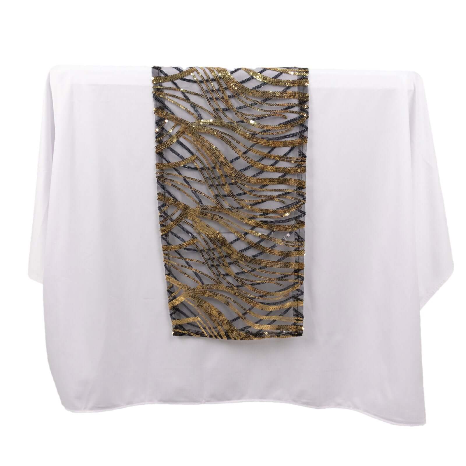 Sequin Mesh 12"x108" Table Runner Black Gold Stylish Wave Embroidery