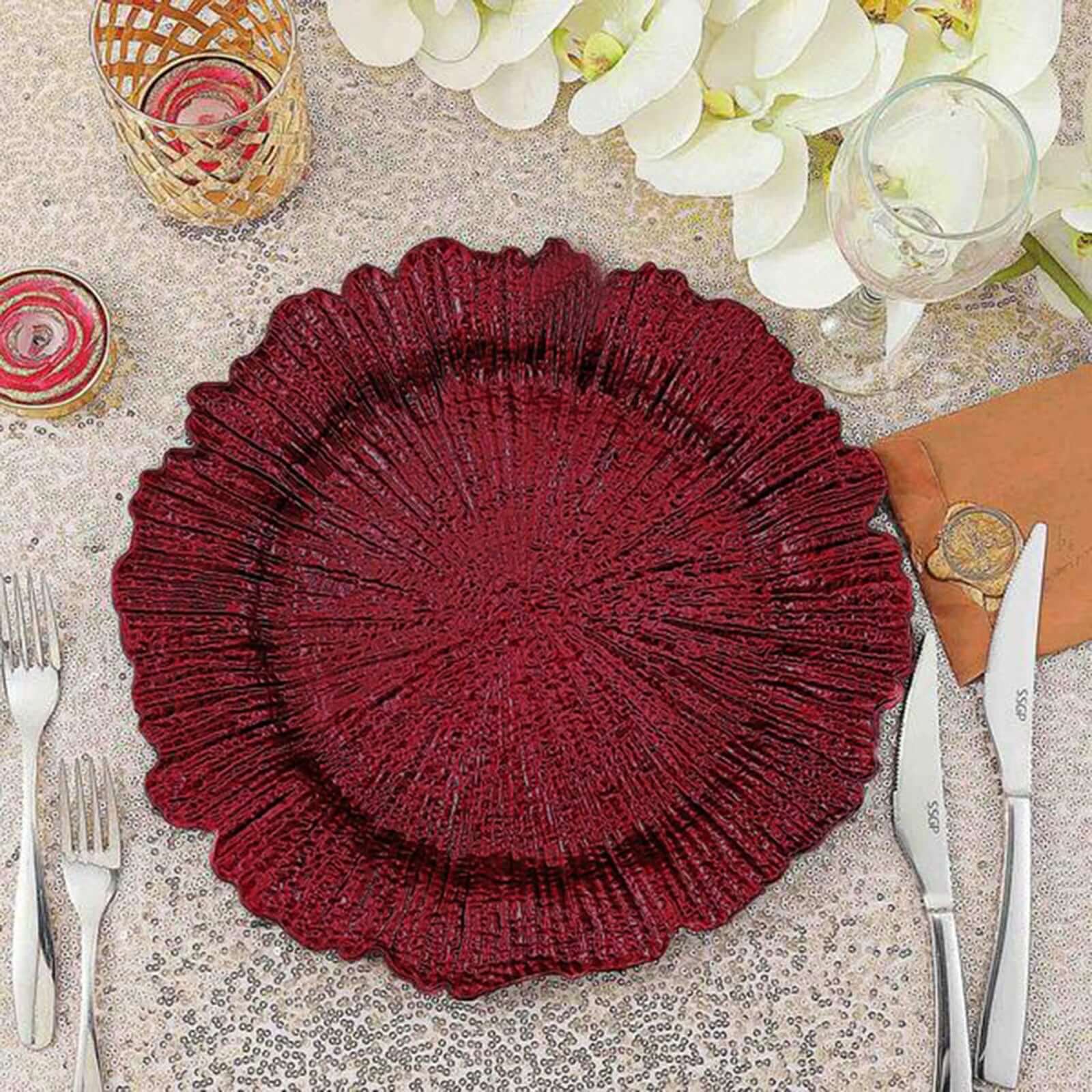 6-Pack Acrylic Plastic Round Charger Plates 13" in Burgundy with Reef Design, Dinner Charger Tableware