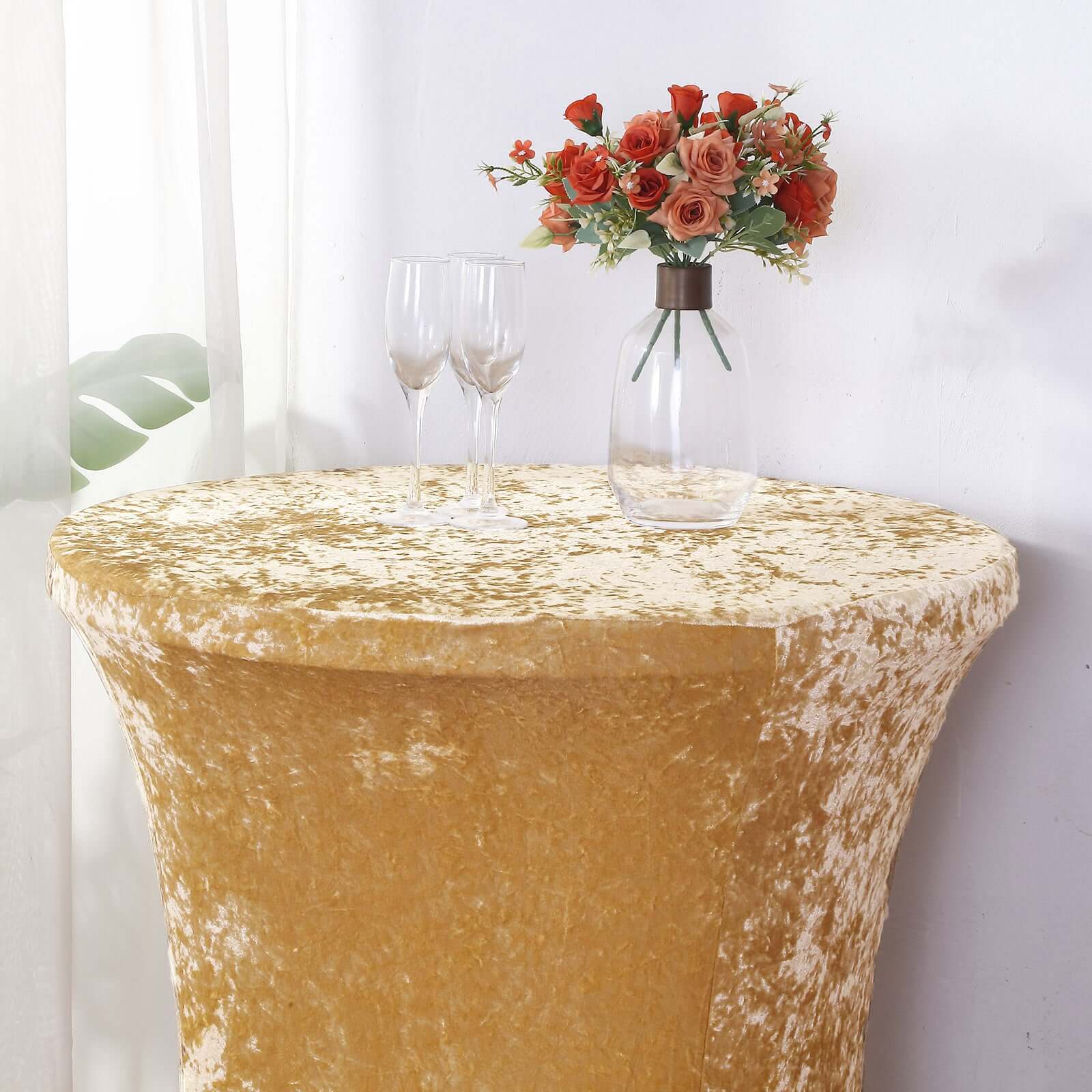 Crushed Velvet Spandex 32" Round Cocktail Table Cover Champagne Smooth Highboy Tablecloth
