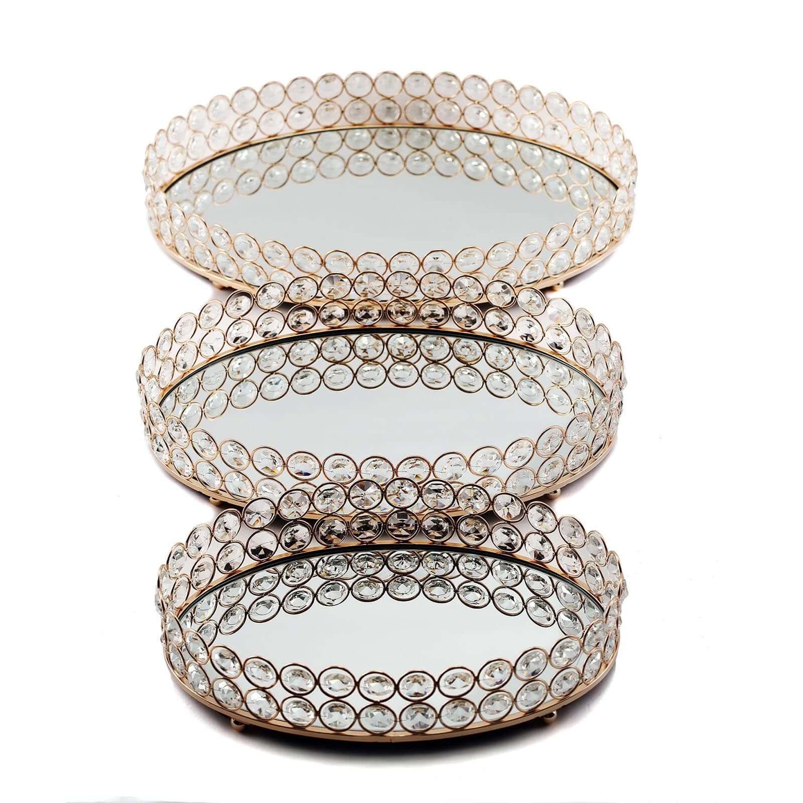 Metal Mirrored Oval Serving Tray 12"x8" in Gold with Crystal Beads, Glamorous Decorative Vanity Tray Centerpiece