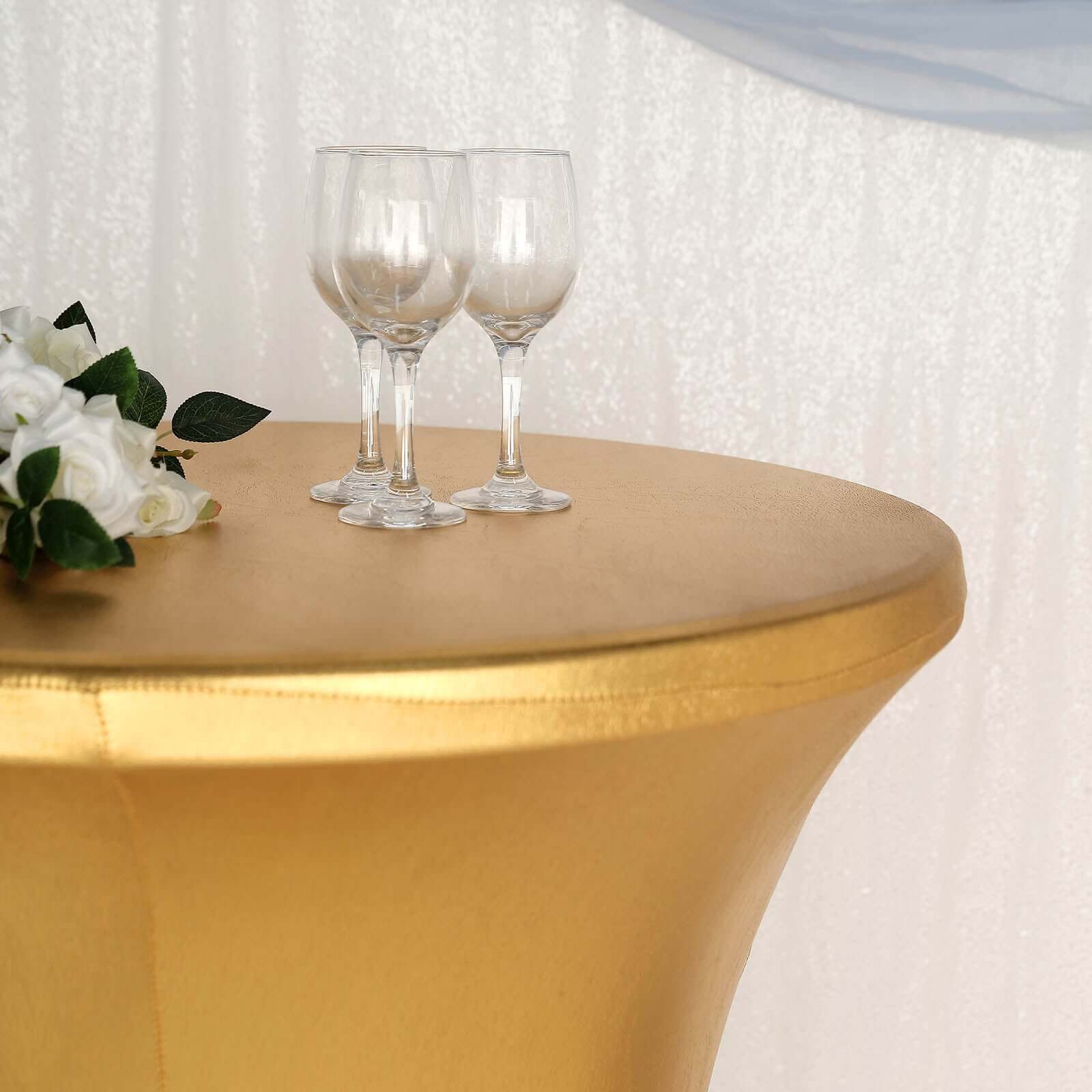 Metallic Spandex 32" Fitted Round Cocktail Table Cover Gold Highboy Tablecloth - Stretch Fit & Water-Resistant for Stylish Decor